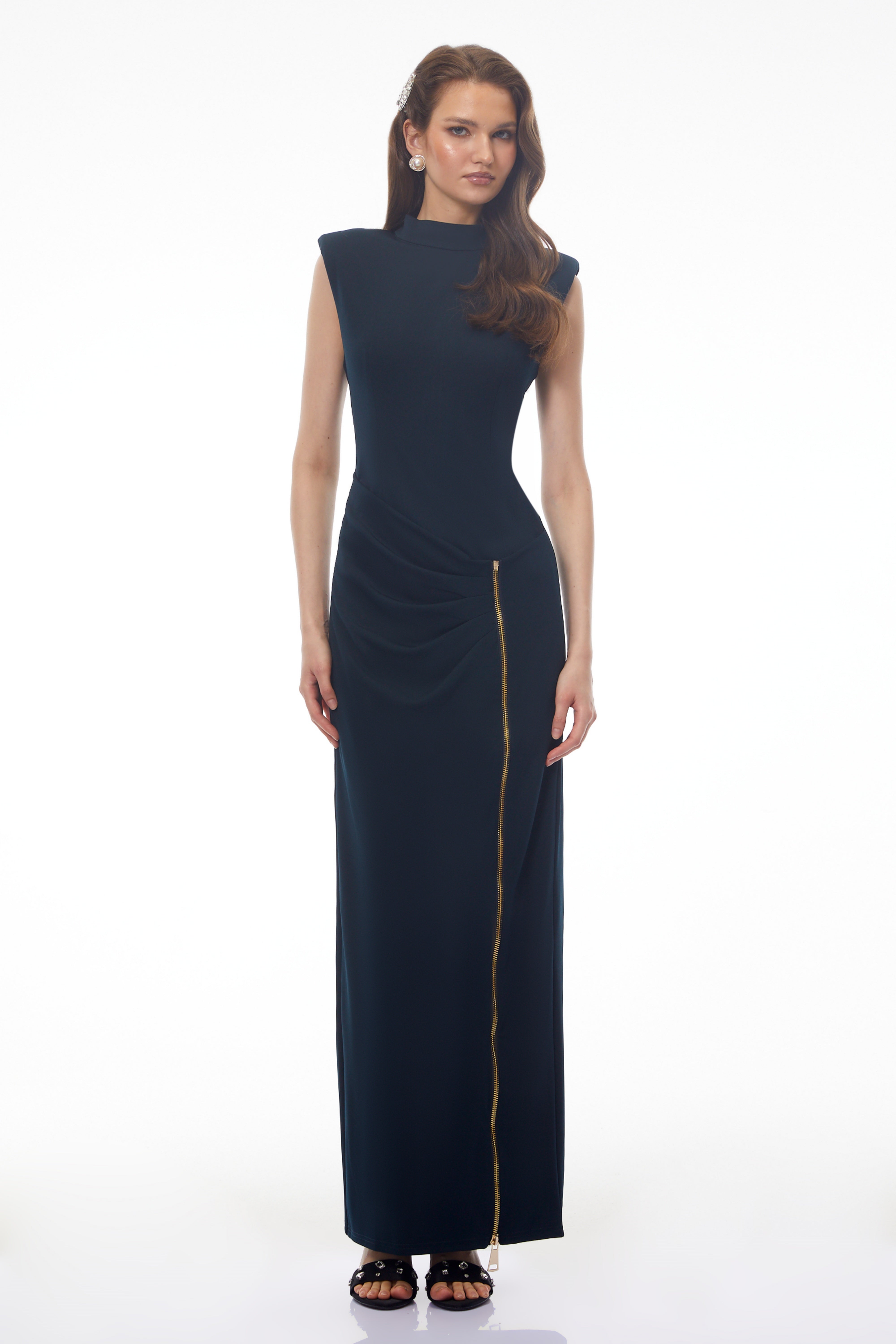 Tereza Black High Neck Maxi Dress with Zip Slit