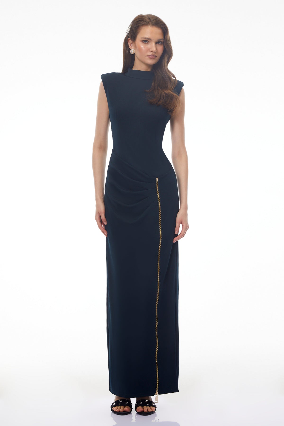 Tereza Black High Neck Maxi Dress with Zip Slit
