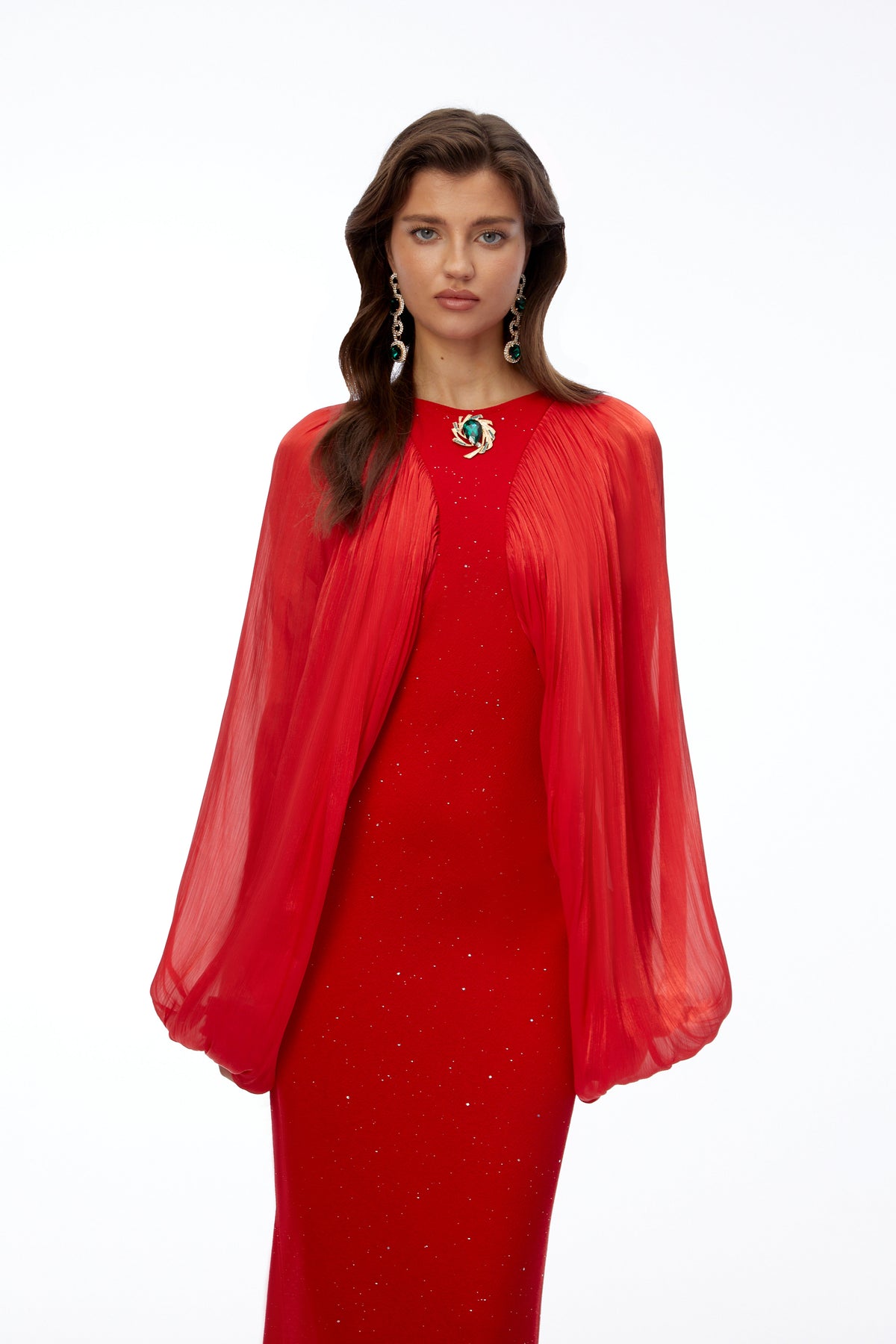 Tessa Red Ruched Maxi Dress with Ballon Sleeves