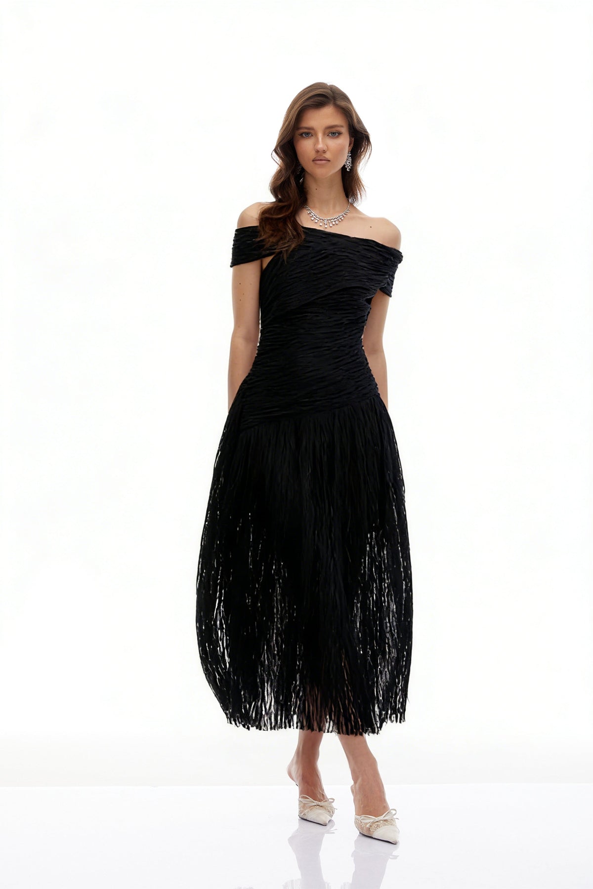 Thale Black Asymmetrical Textured Ruched Midi Dress