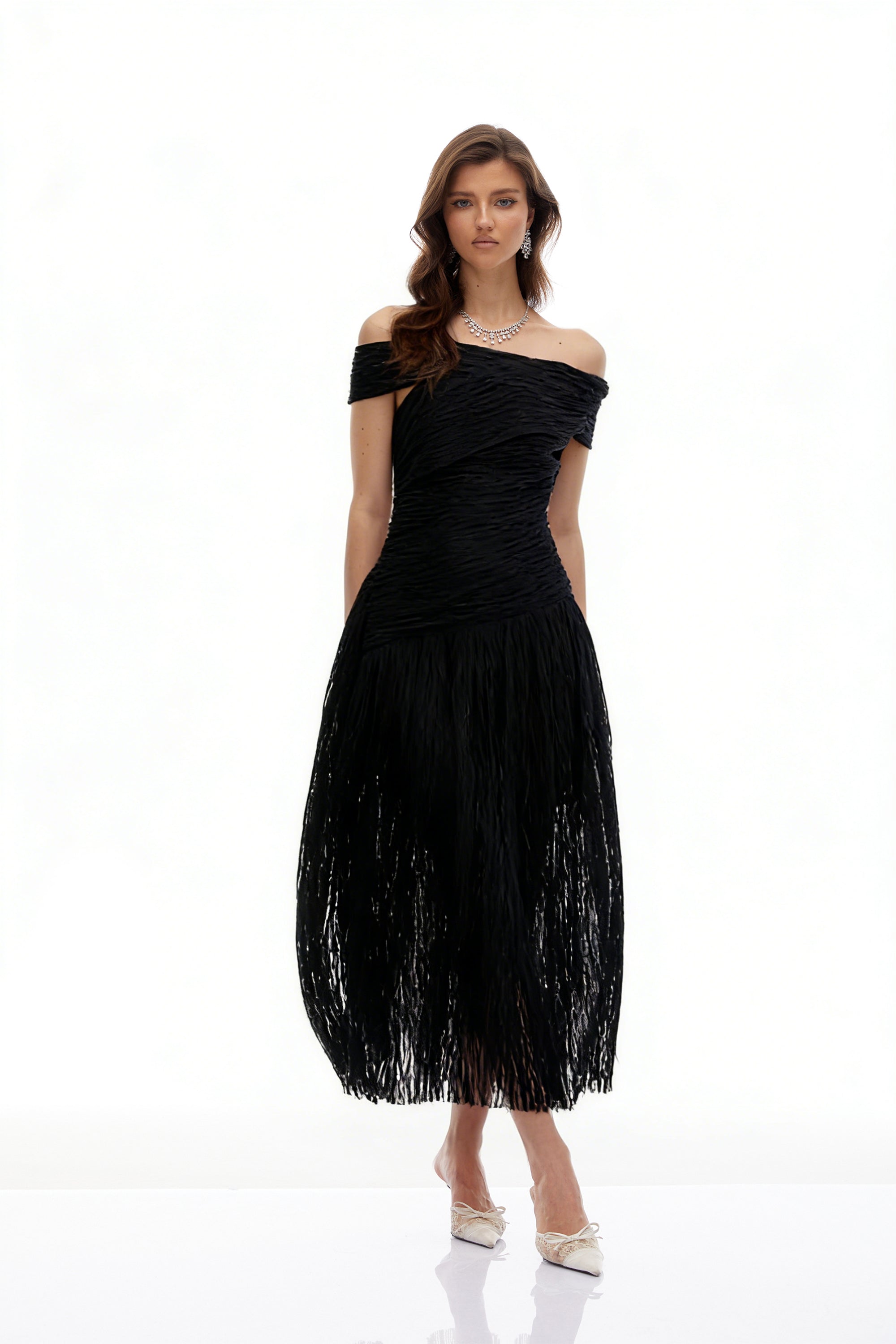 Thale Black Asymmetrical Textured Ruched Midi Dress