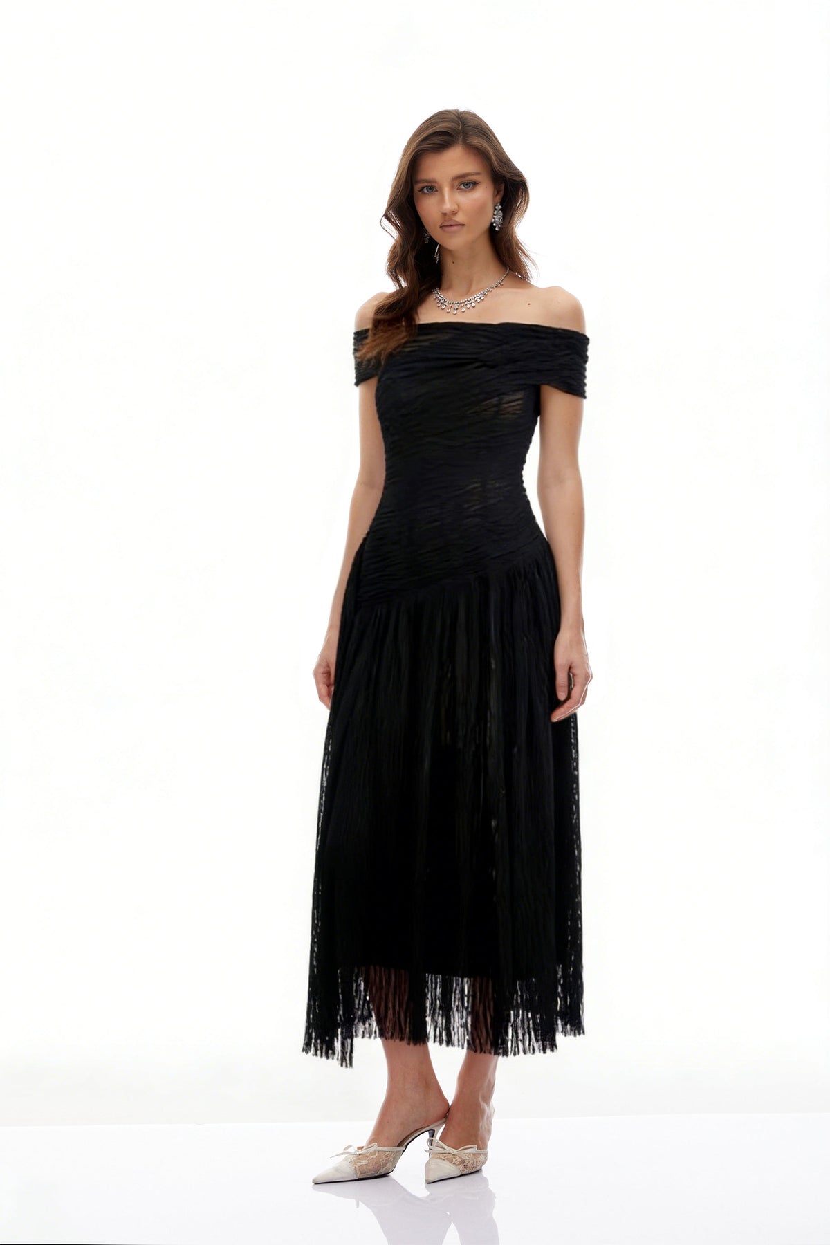 Thale Black Asymmetrical Textured Ruched Midi Dress