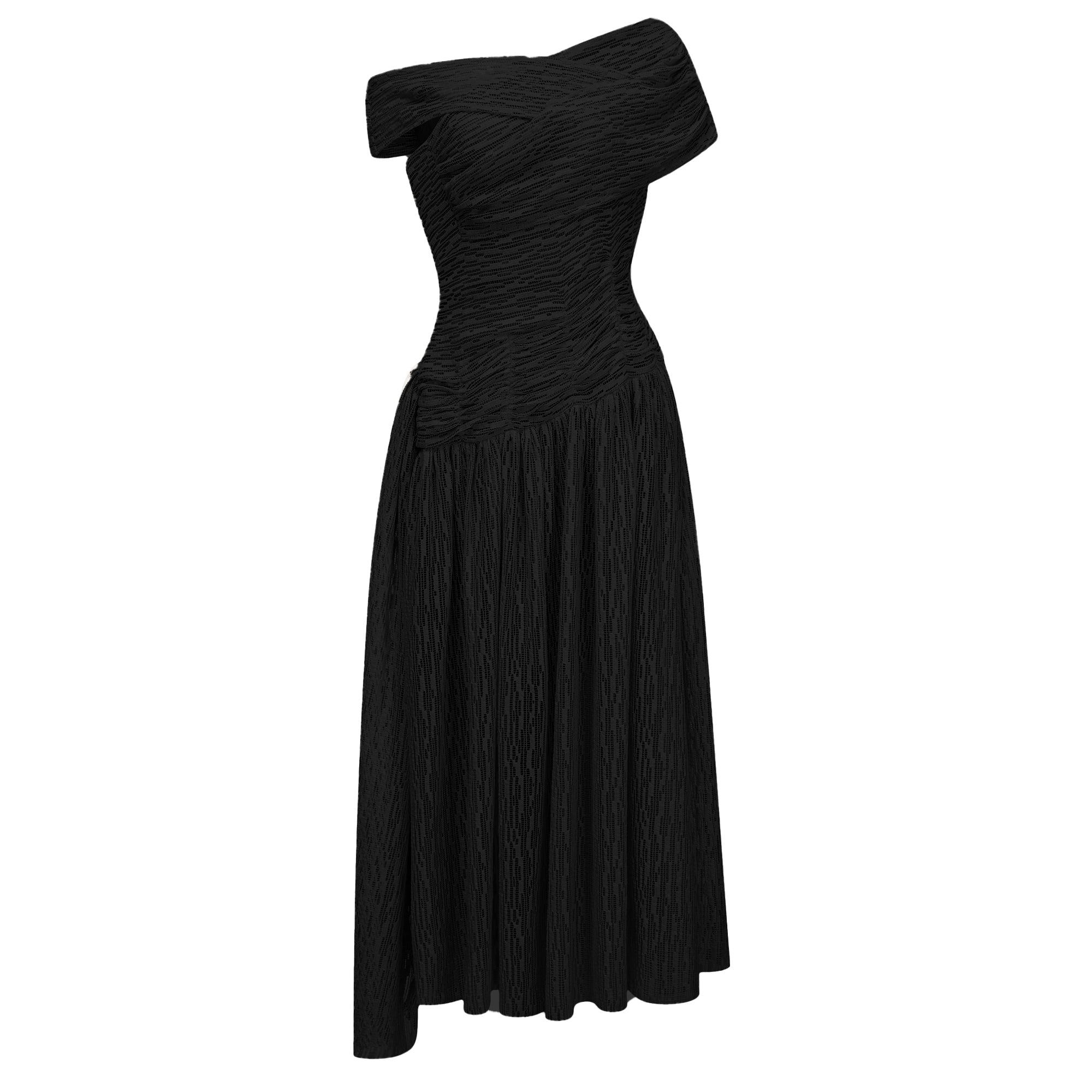 Thale Black Asymmetrical Textured Ruched Midi Dress