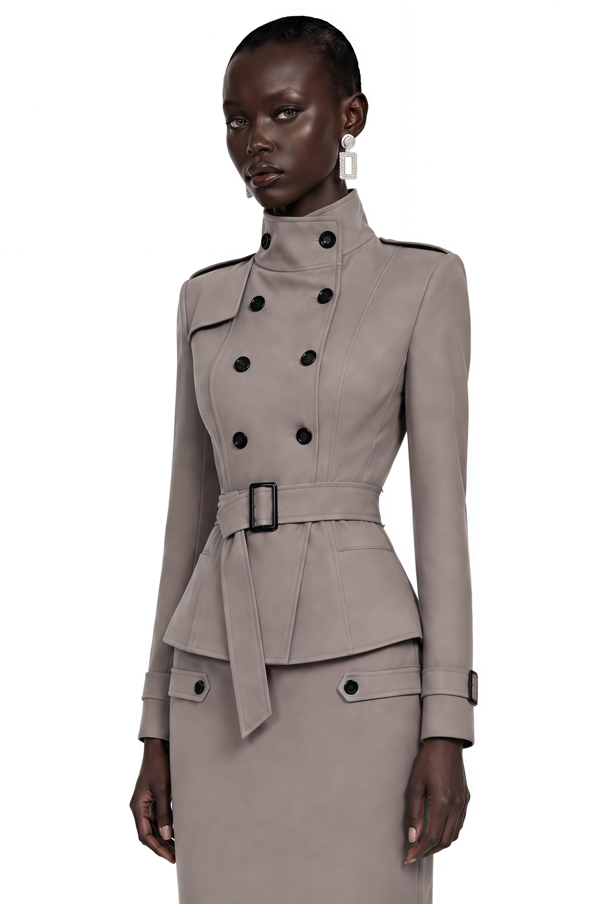 therese grey high neck belted jacket & skirt set