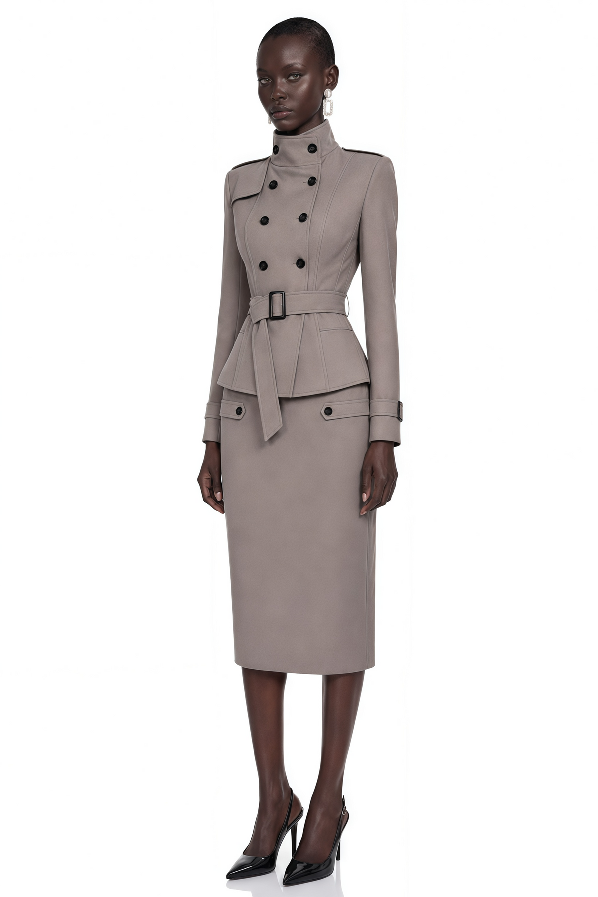 therese grey high neck belted jacket & skirt set