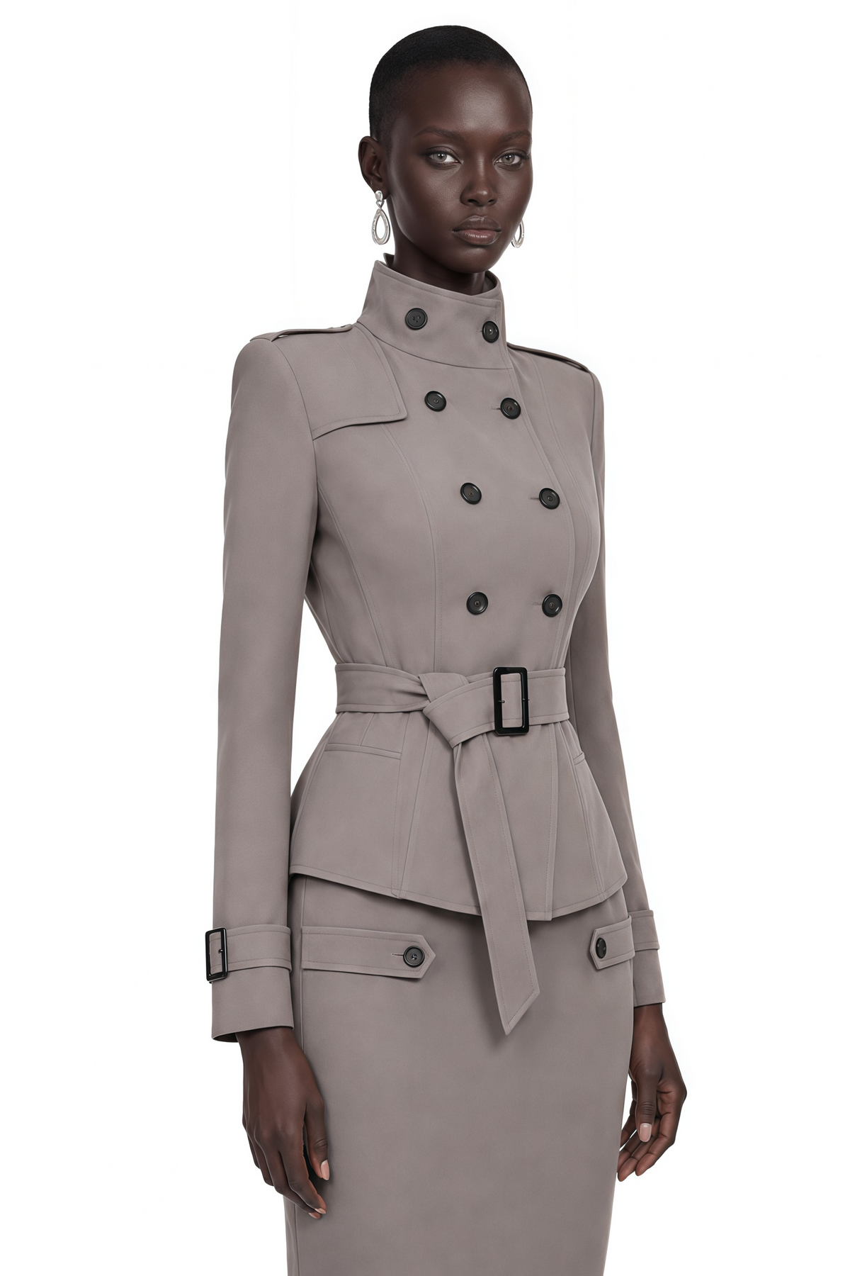 therese grey high neck belted jacket & skirt set