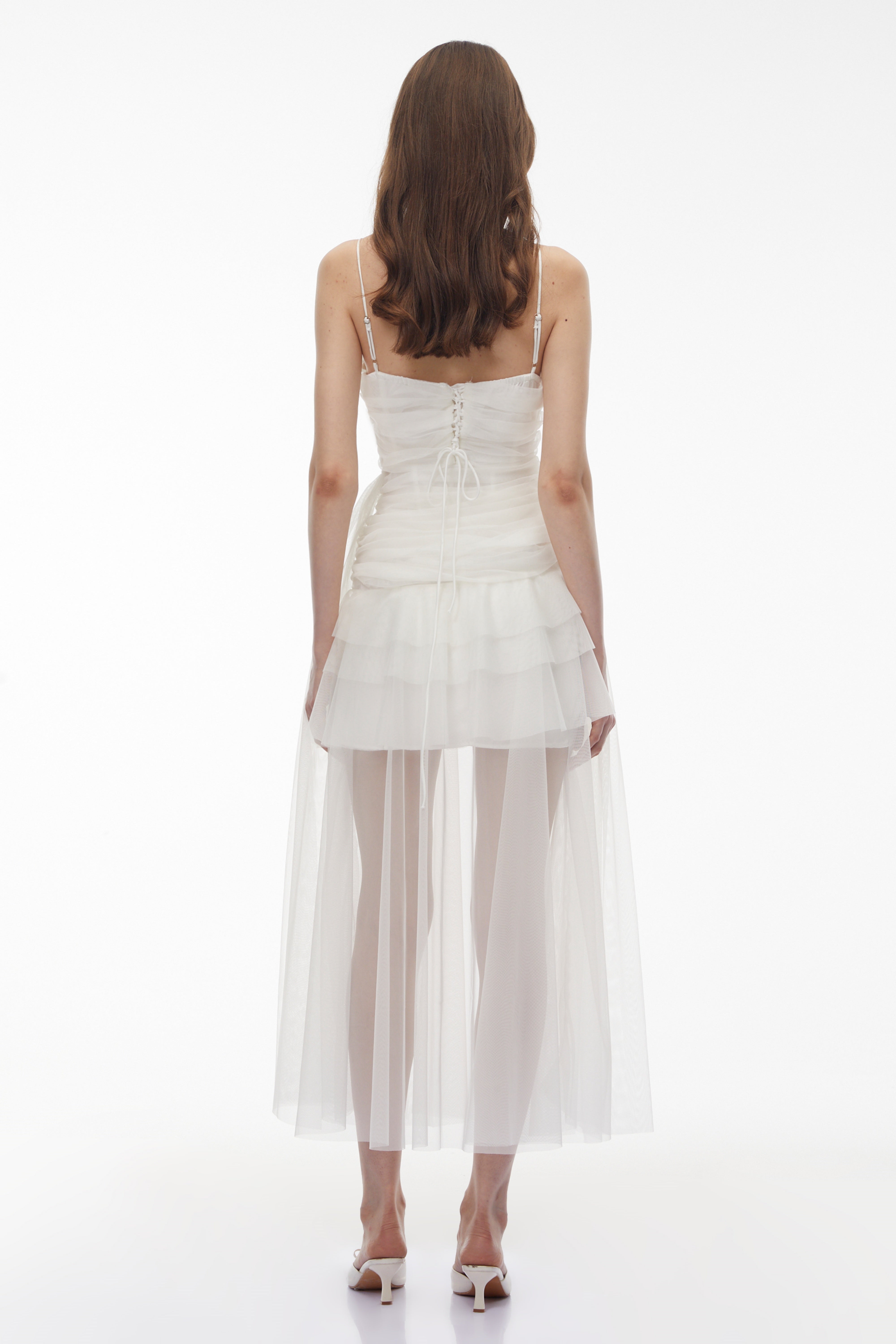 Thisbe White Asymmetrical Mesh Maxi Dress