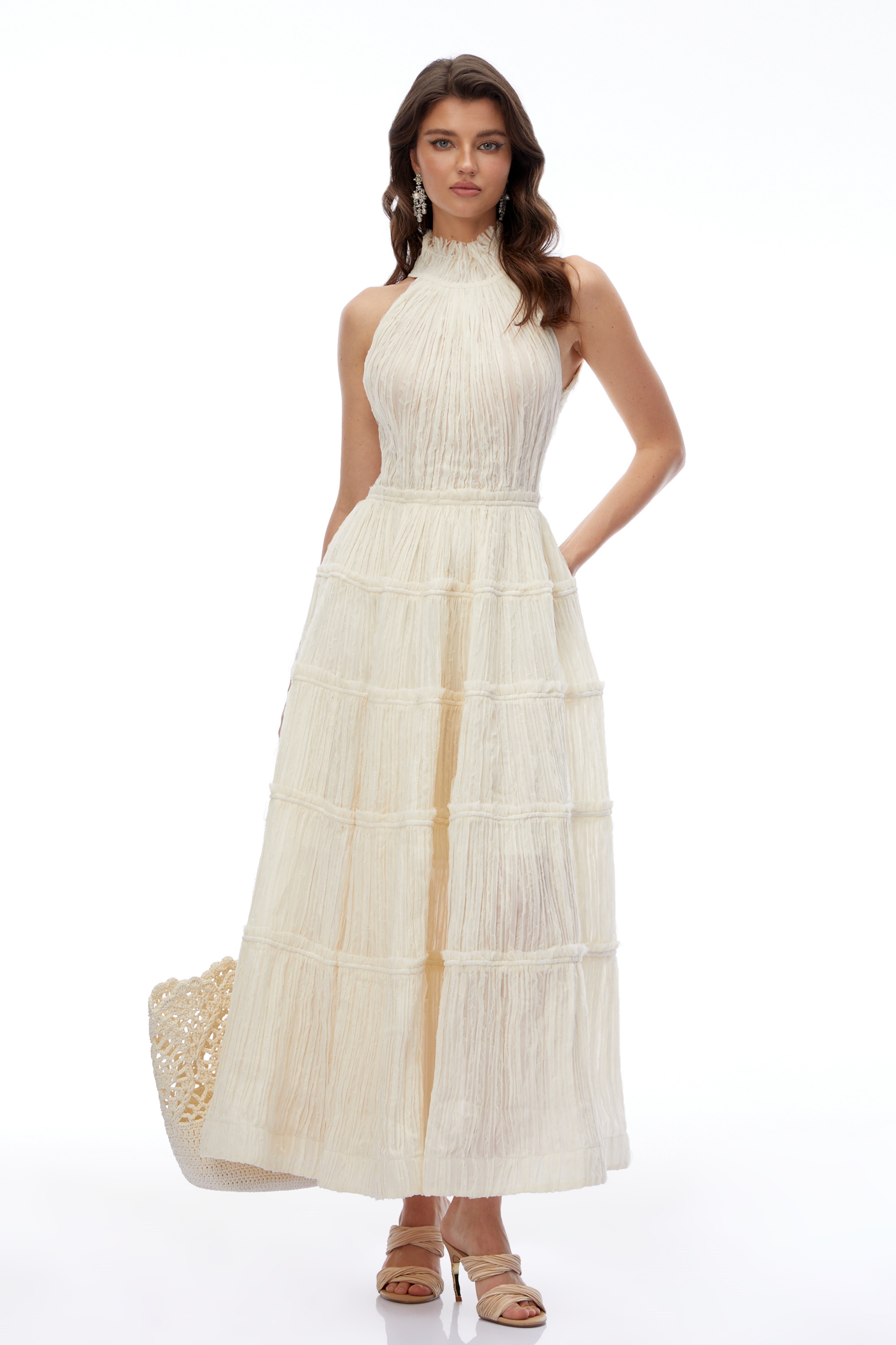 Elizabeth White Halterneck Frilled Maxi Dress
