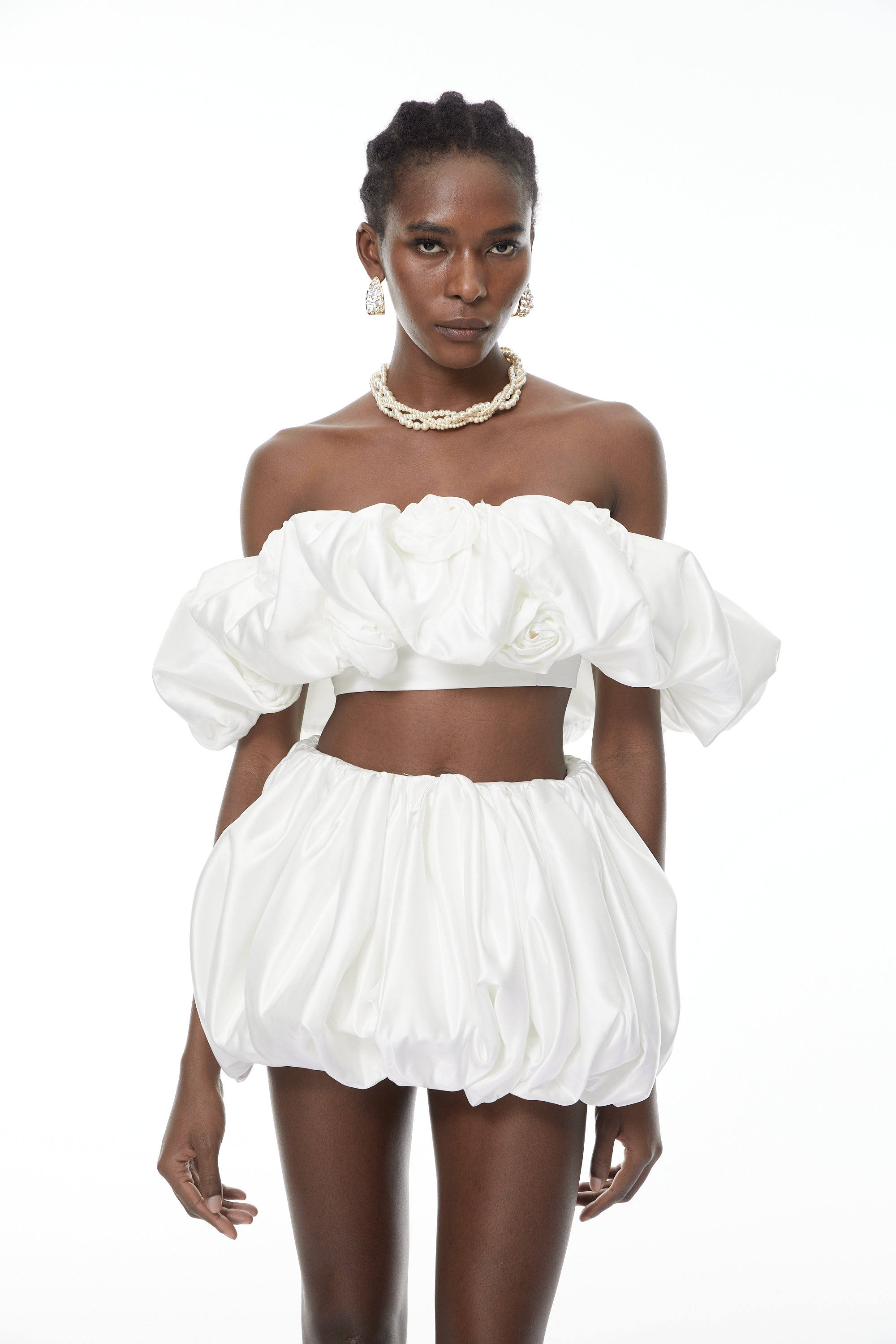 Tiffany White Top & Bubble Short Set with 3D Petals