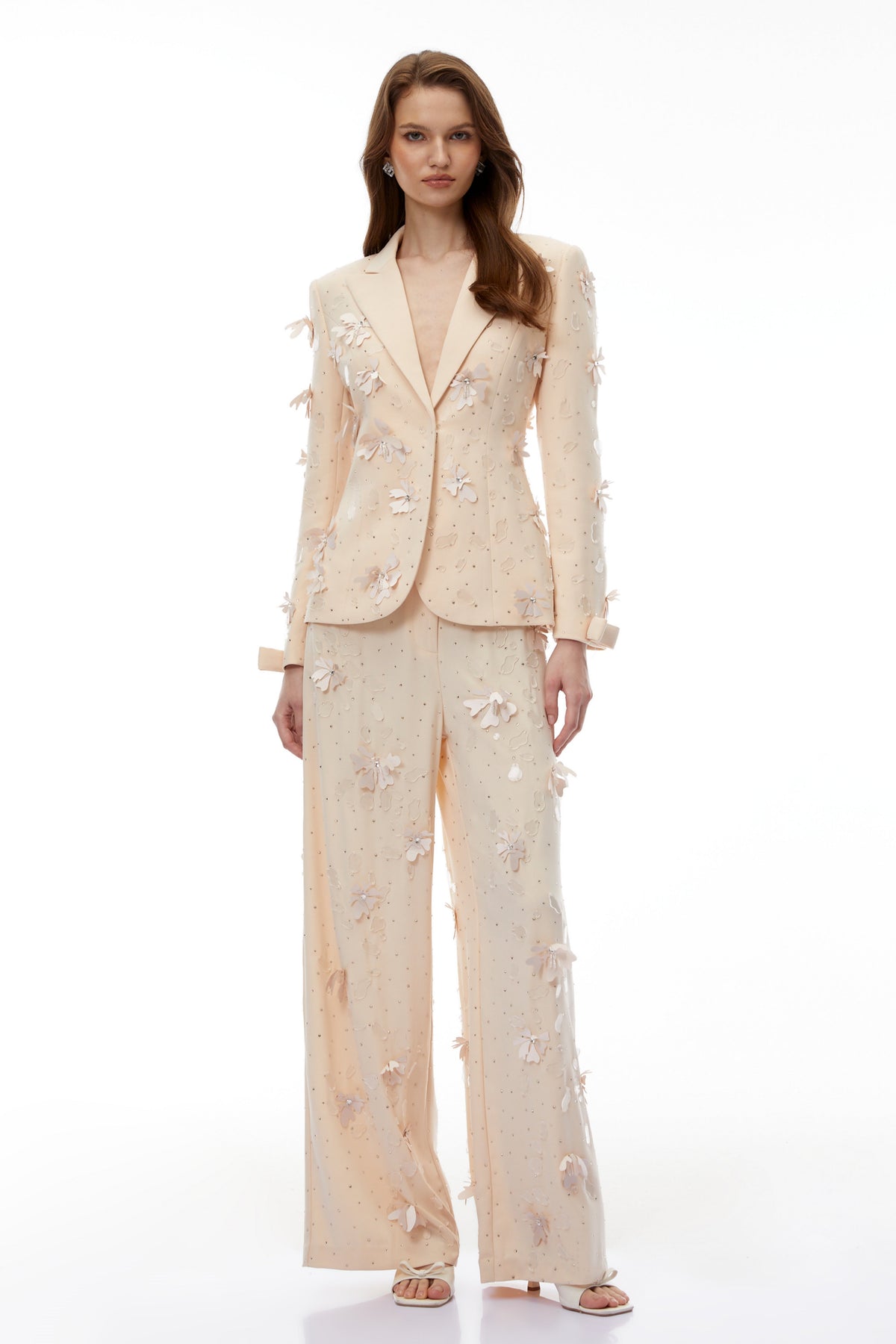 Titania Neutral 3D-Floral Beaded Jacket & Trousers Set