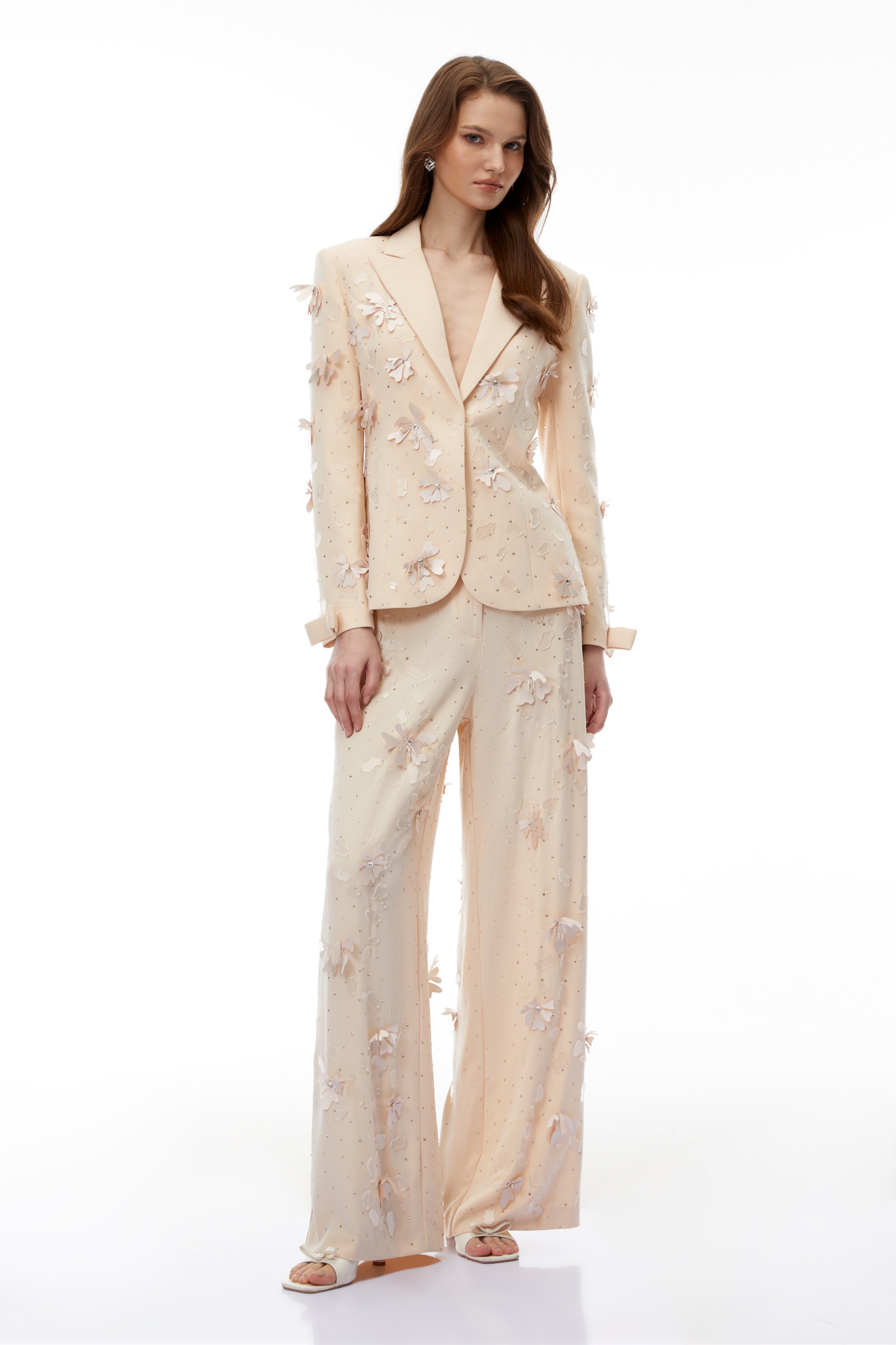 Titania Neutral 3D-Floral Beaded Jacket & Trousers Set