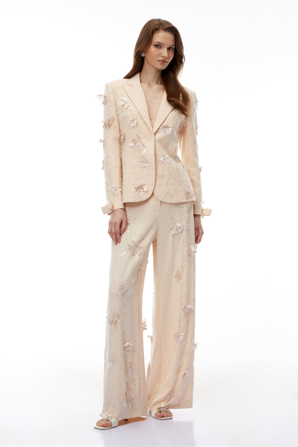 Titania Neutral 3D-Floral Beaded Jacket & Trousers Set
