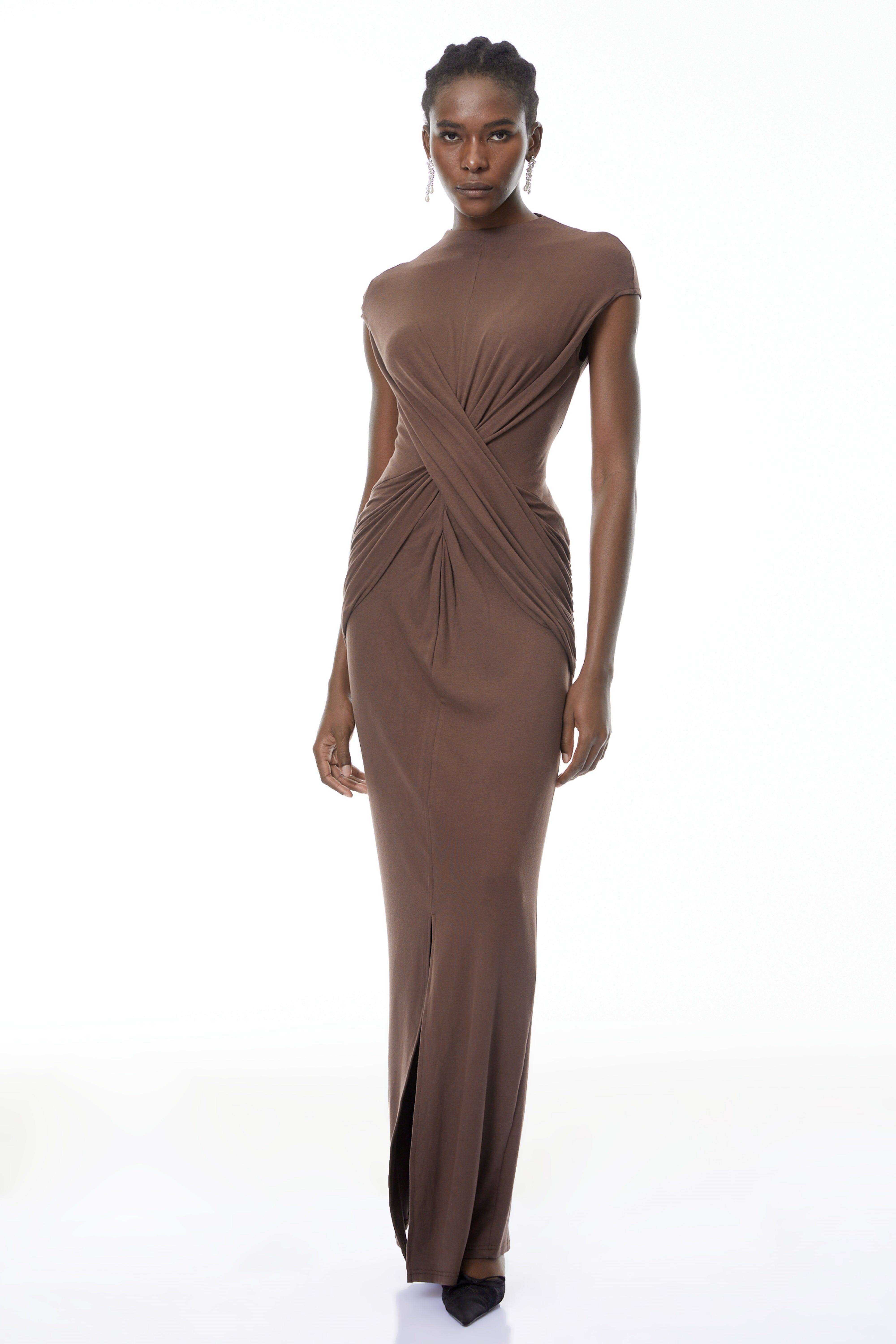 Tone Chocolate Brown Cross-Over Maxi Dress (Final Sale)