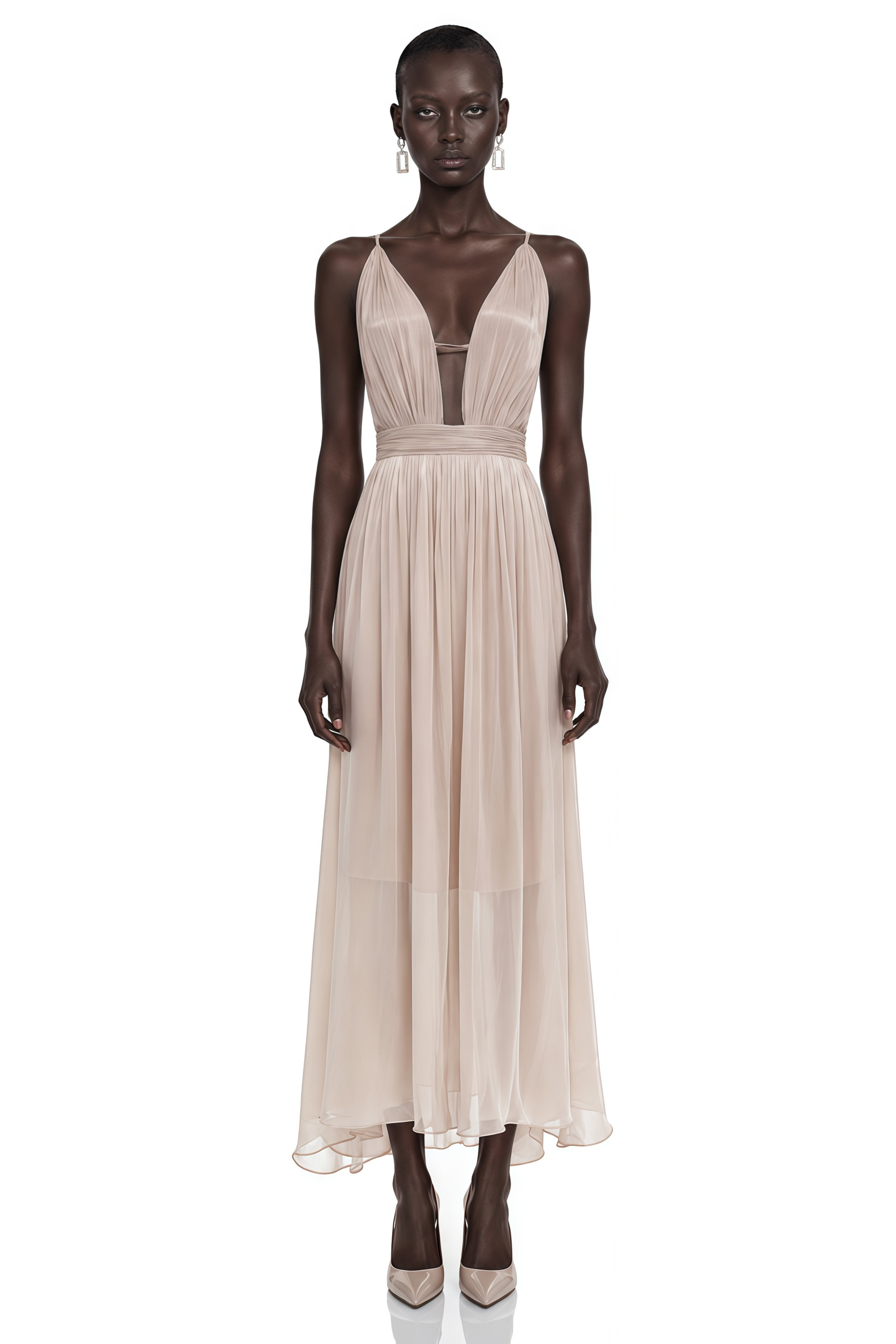 Topaz Beige V-Neck Pleated Maxi Dress