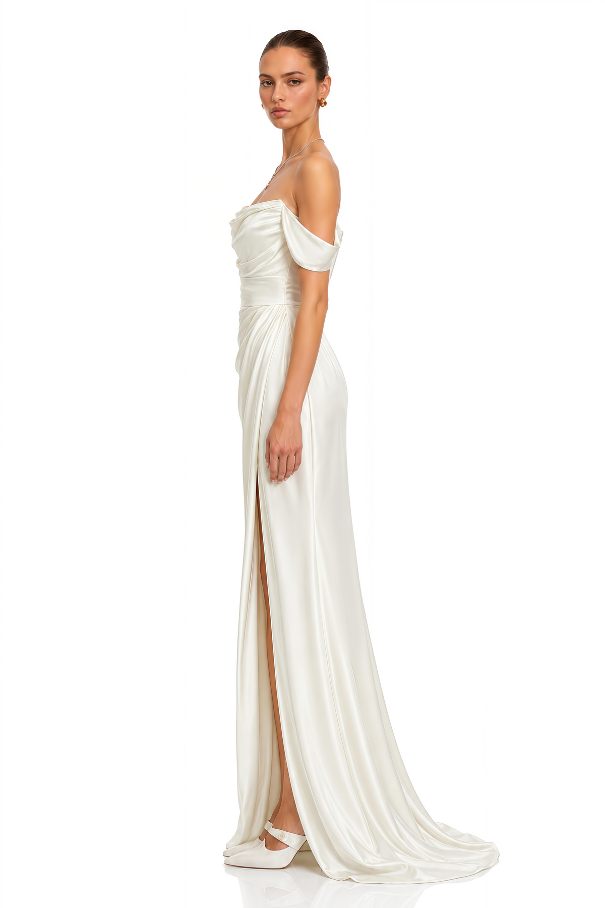 trudie white off shoulder draped slit maxi dress
