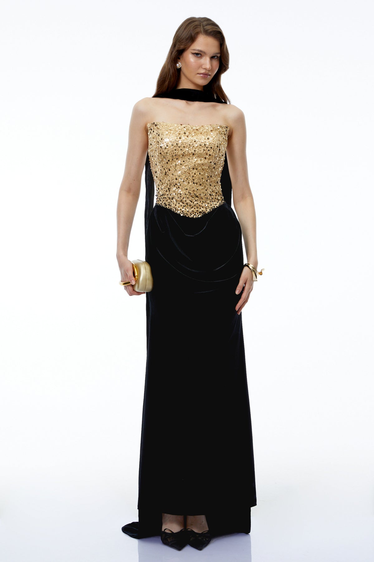 tui black ruched maxi dress with front slit