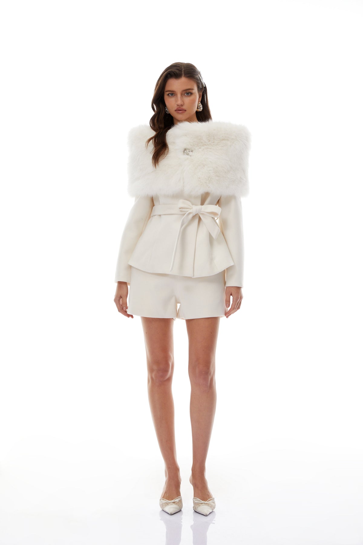 Unndís White Fur Shawl & Woolen Jacket & Shorts Set (Final Sale)