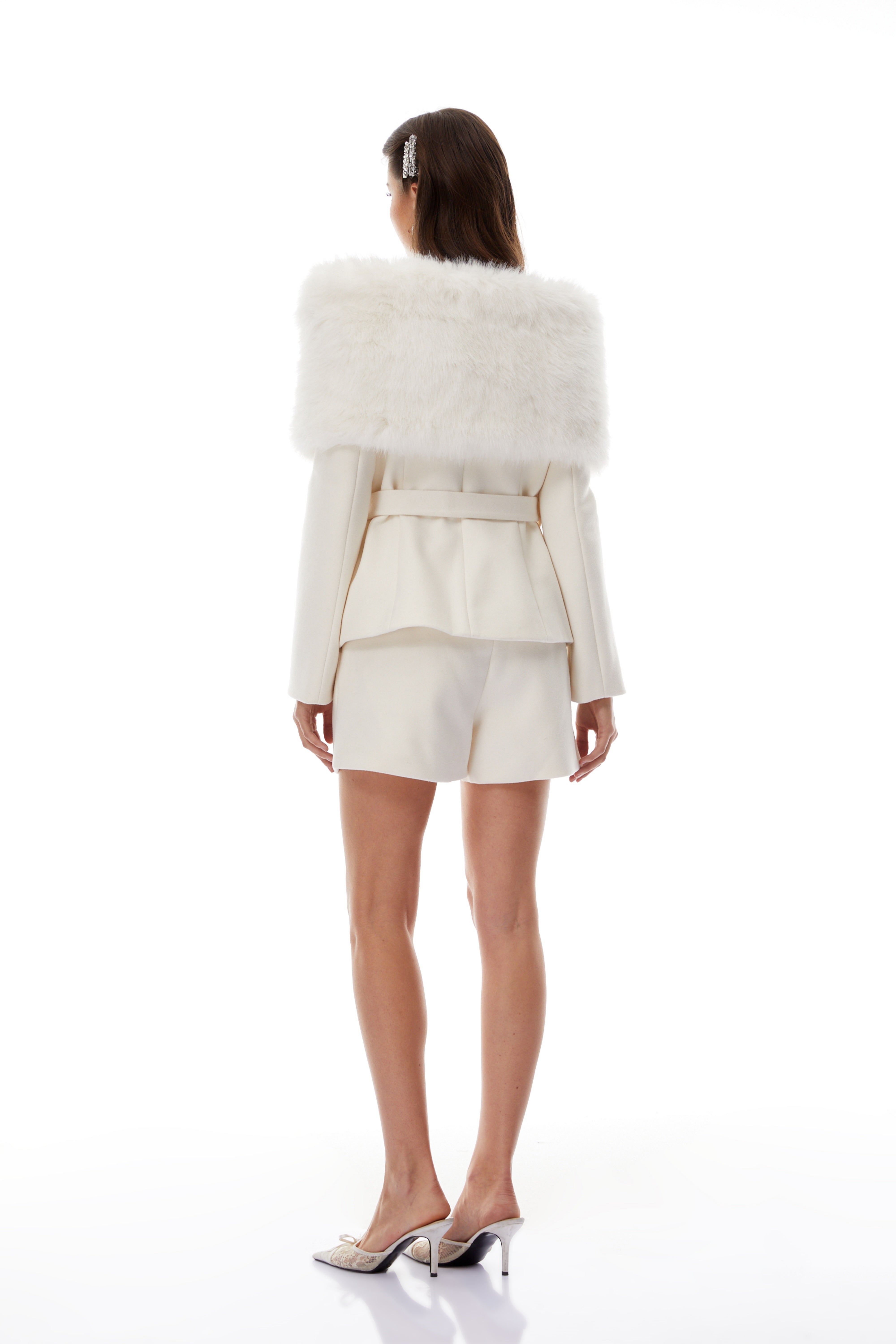 Unndís White Fur Shawl & Woolen Jacket & Shorts Set (Final Sale)