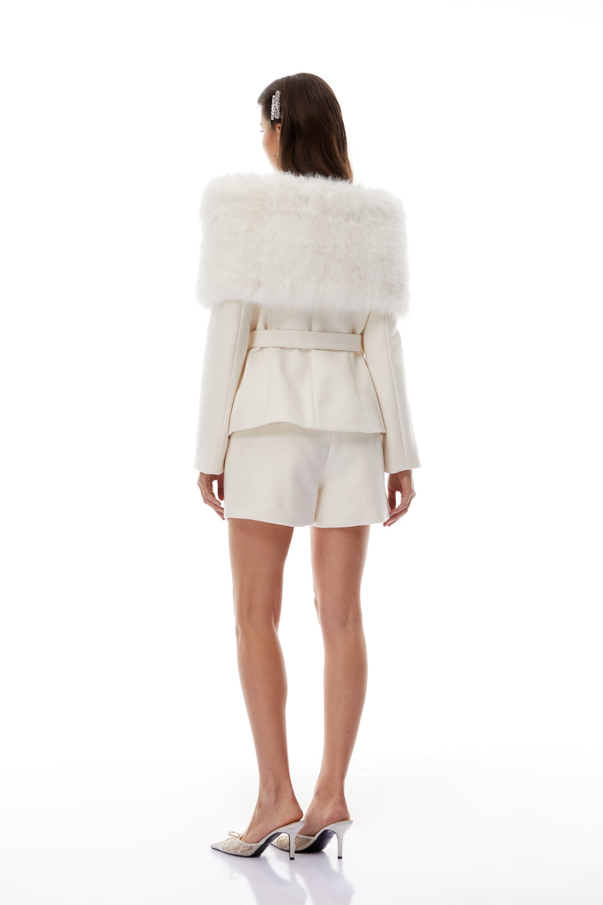 Unndís White Fur Shawl & Woolen Jacket & Shorts Set (Final Sale)