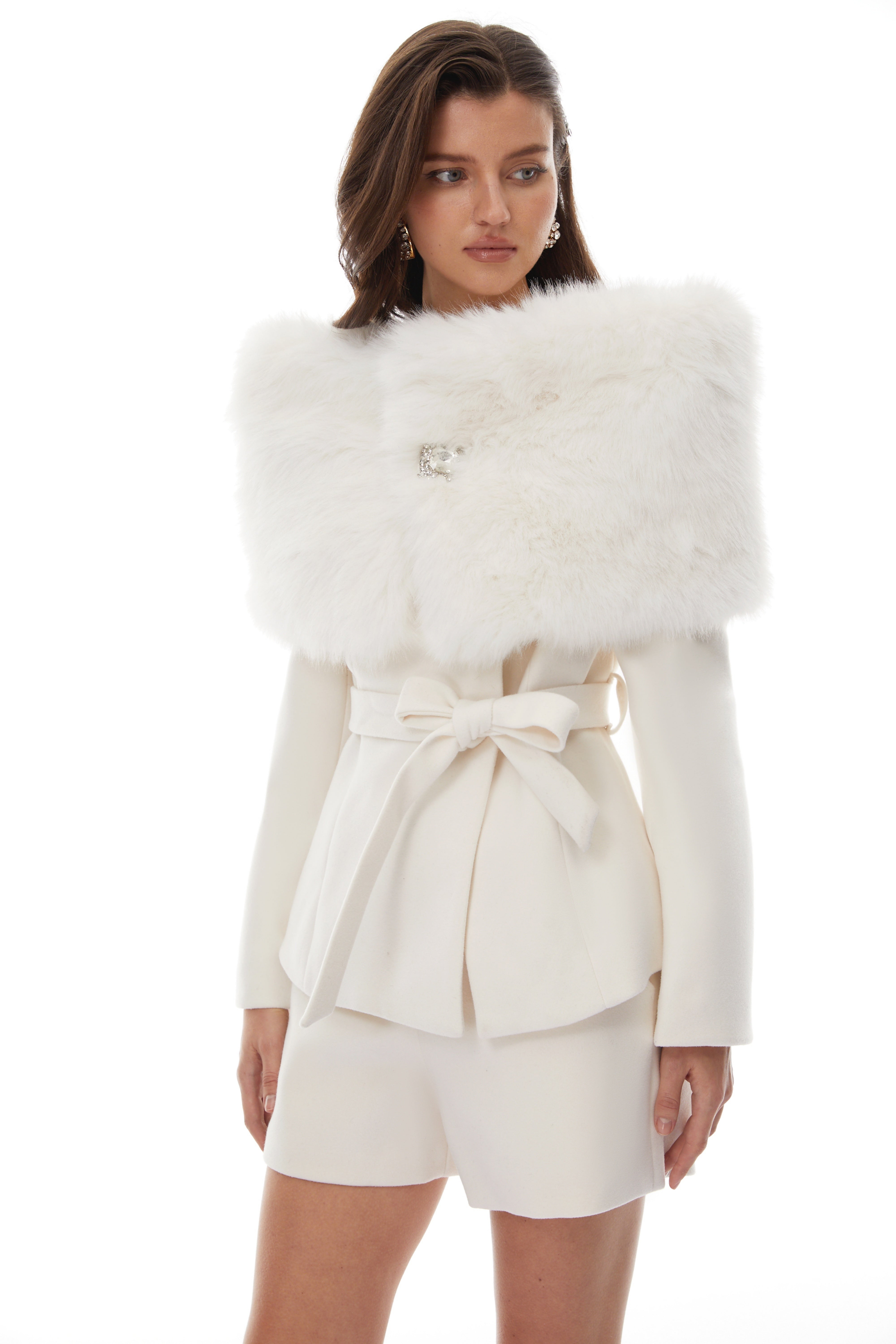 Unndís White Fur Shawl & Woolen Jacket & Shorts Set (Final Sale)