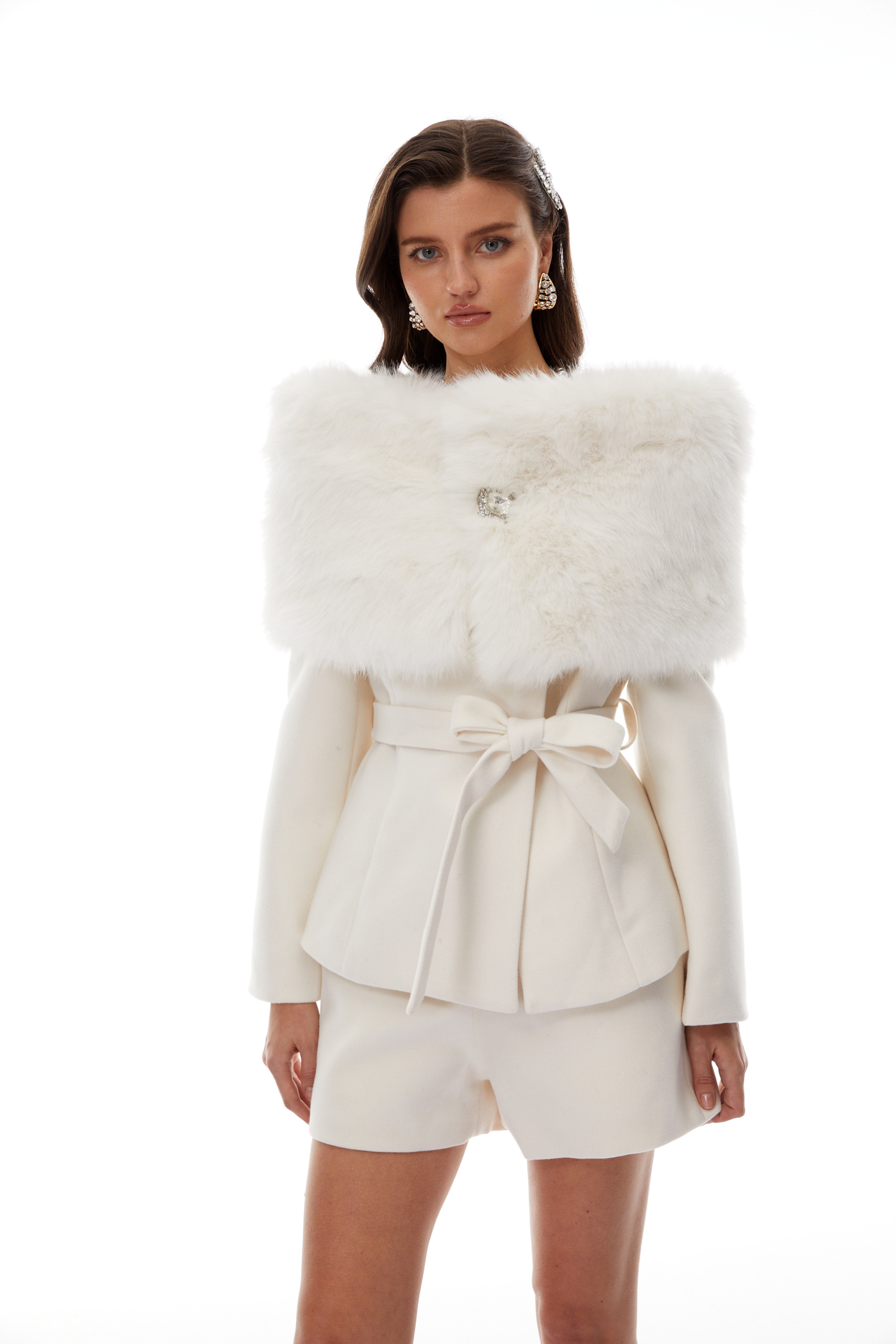 Unndís White Fur Shawl & Woolen Jacket & Shorts Set (Final Sale)