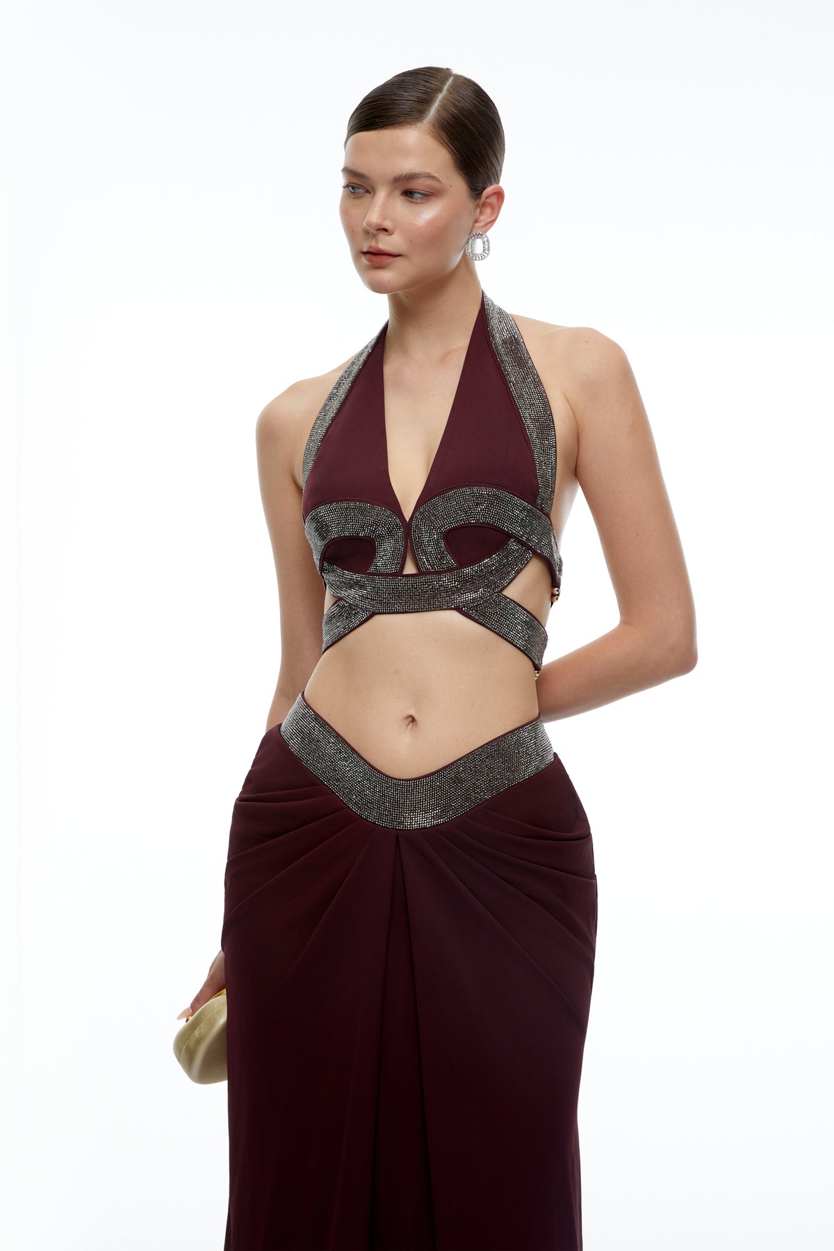 unni brown halterneck rhinestone top & ruched skirt set