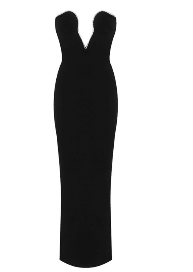 black cut out dress with rhinestones Black Rhinestone-Trim Cutout Gown with Lace Bustier M / Black