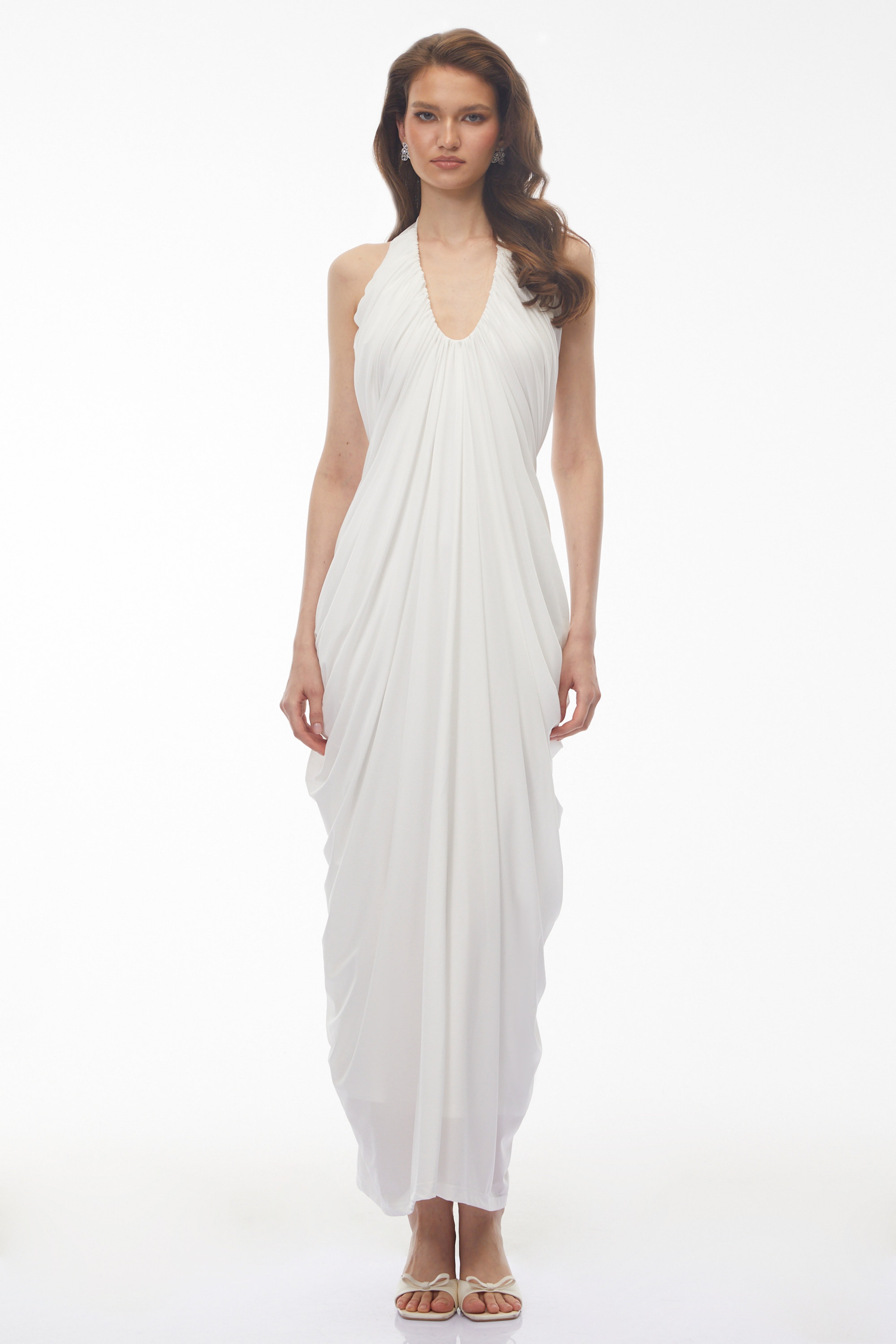 Ushas White Halterneck Draped Maxi Dress (Final Sale)