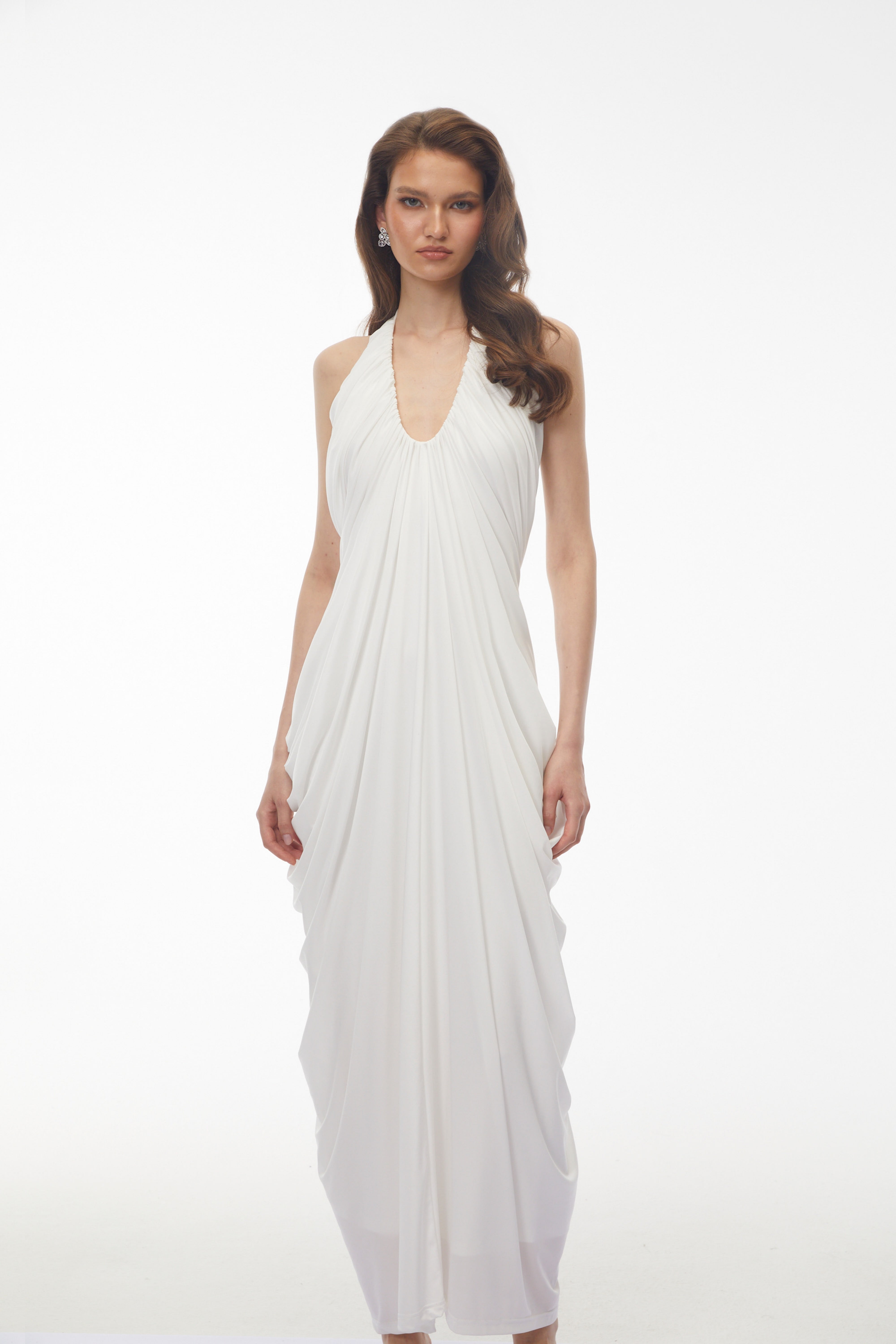 Ushas White Halterneck Draped Maxi Dress (Final Sale)
