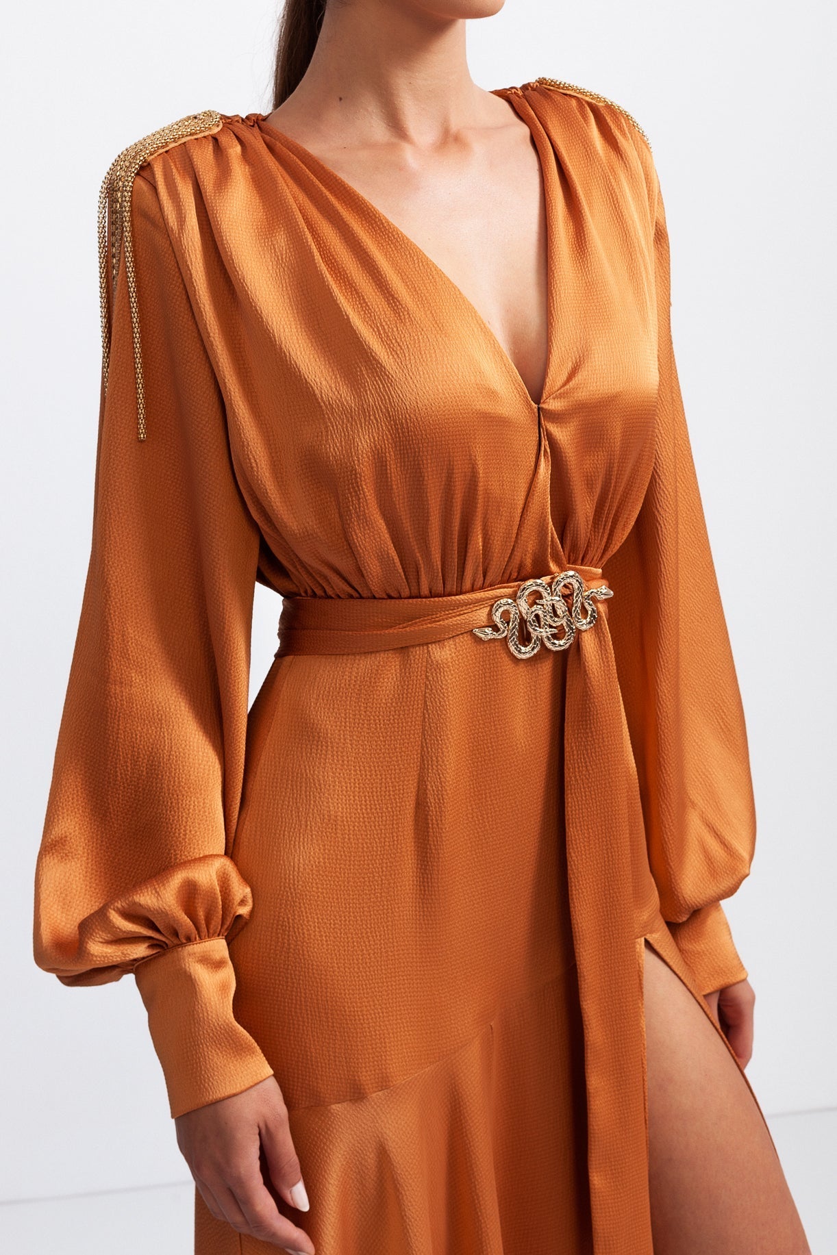 ELANI V-neck Maxi Dress with Golden Details - Caramel Brown