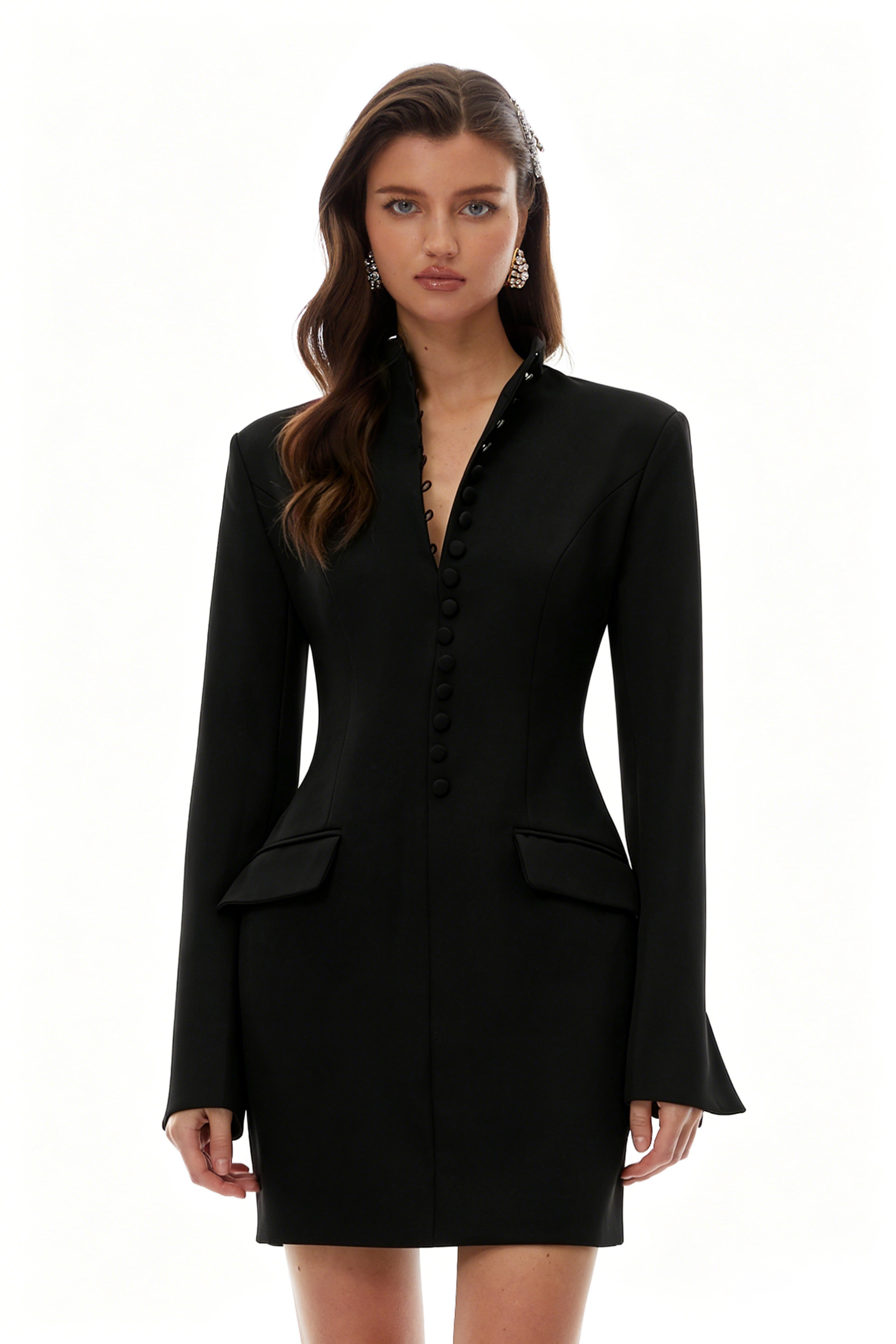 Valeria Black Stand Collar Long Sleeves Mini Dress