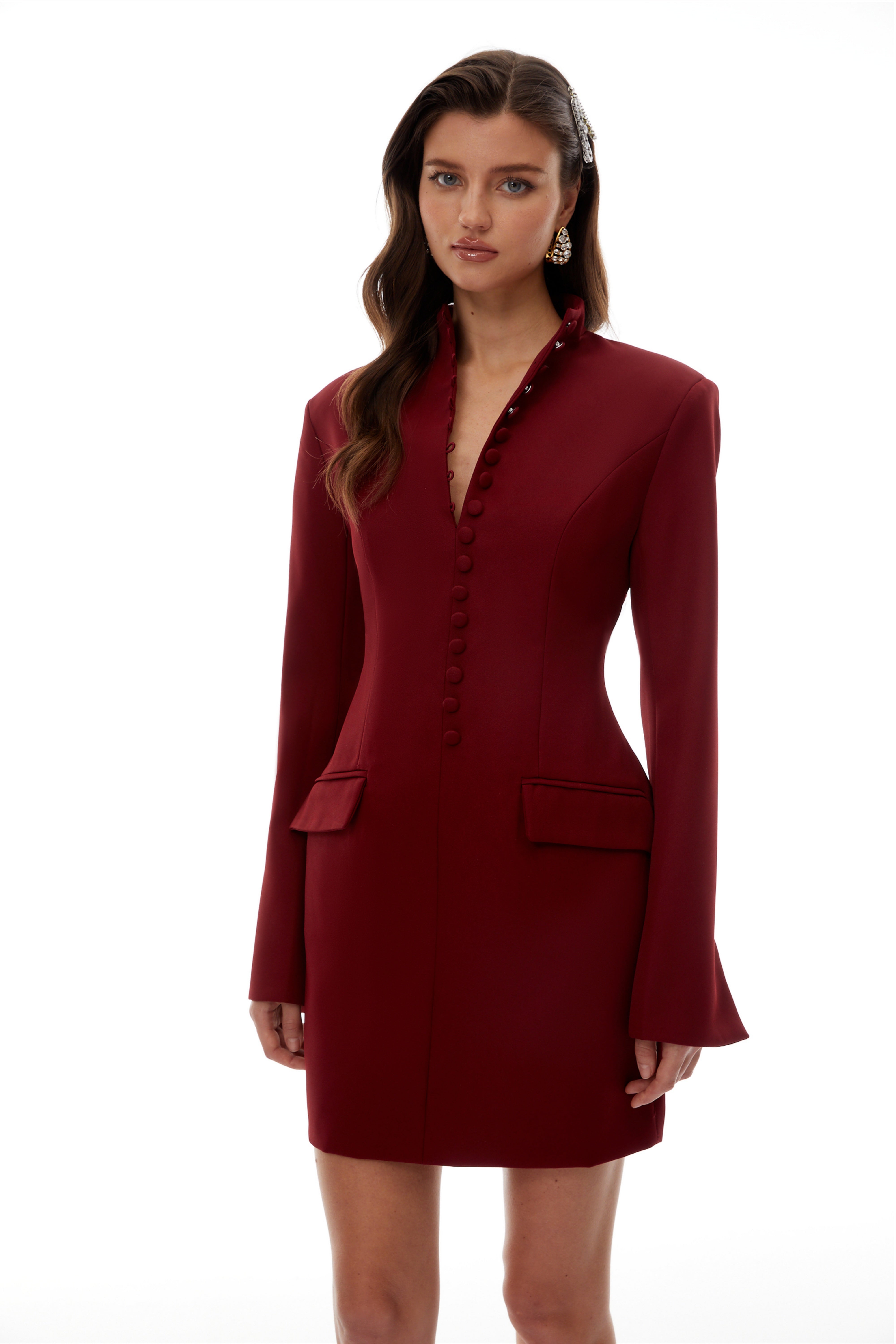 Valeria Burgundy Stand Collar Long Sleeve Mini Dress (Final Sale)