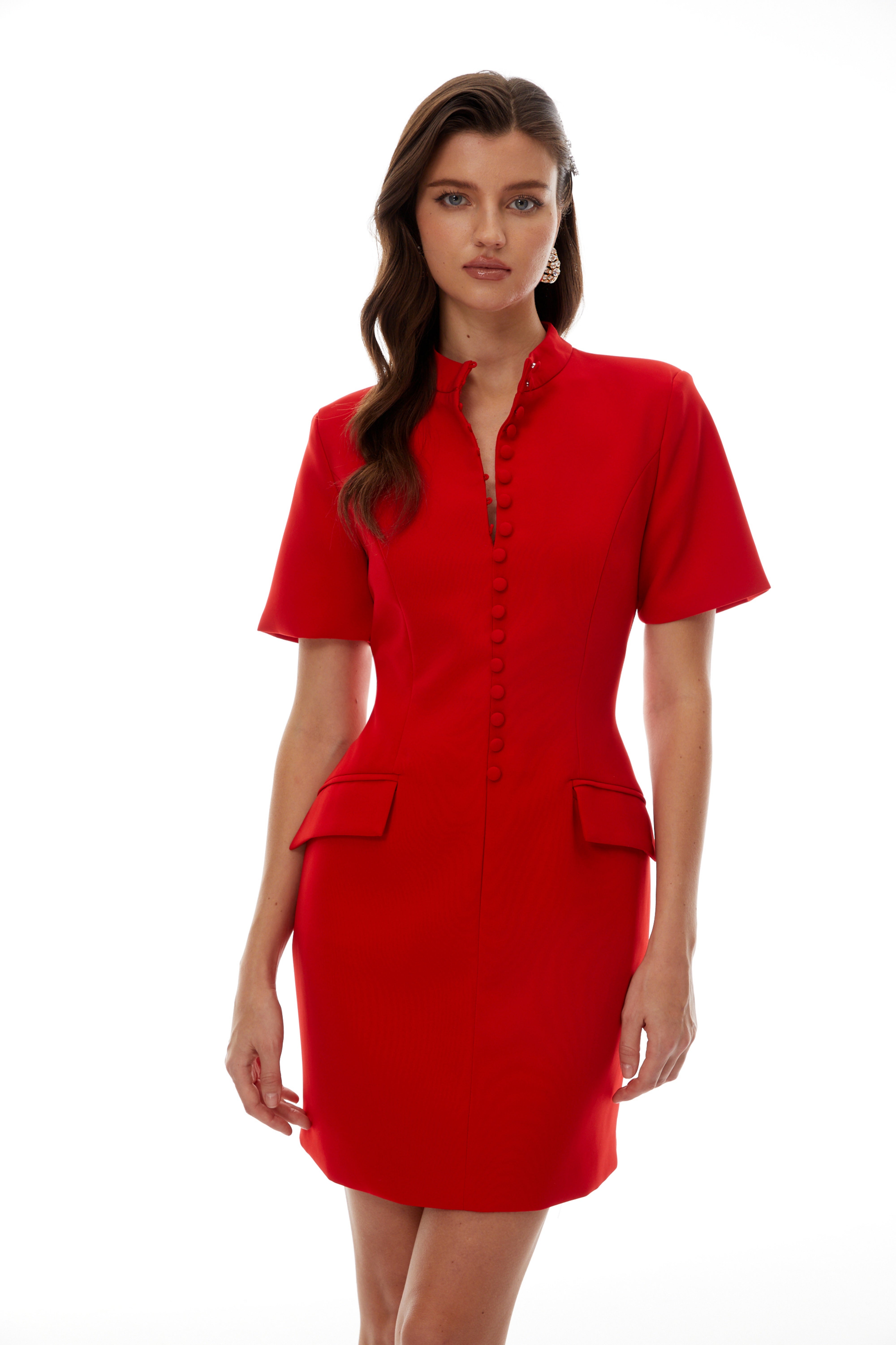 Valeria Red Stand Collar Short Sleeves Mini Dress (Final Sale-US Only)