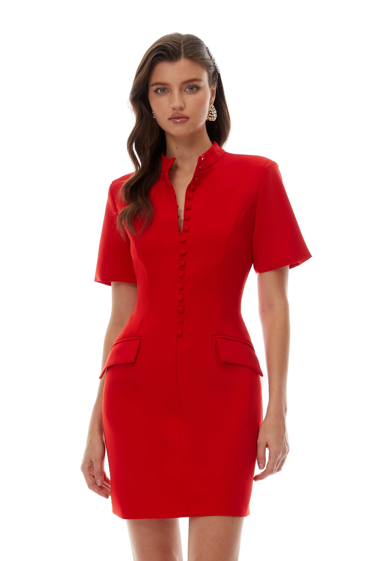 Valeria Red Stand Collar Short Sleeves Mini Dress (Final Sale-US Only)