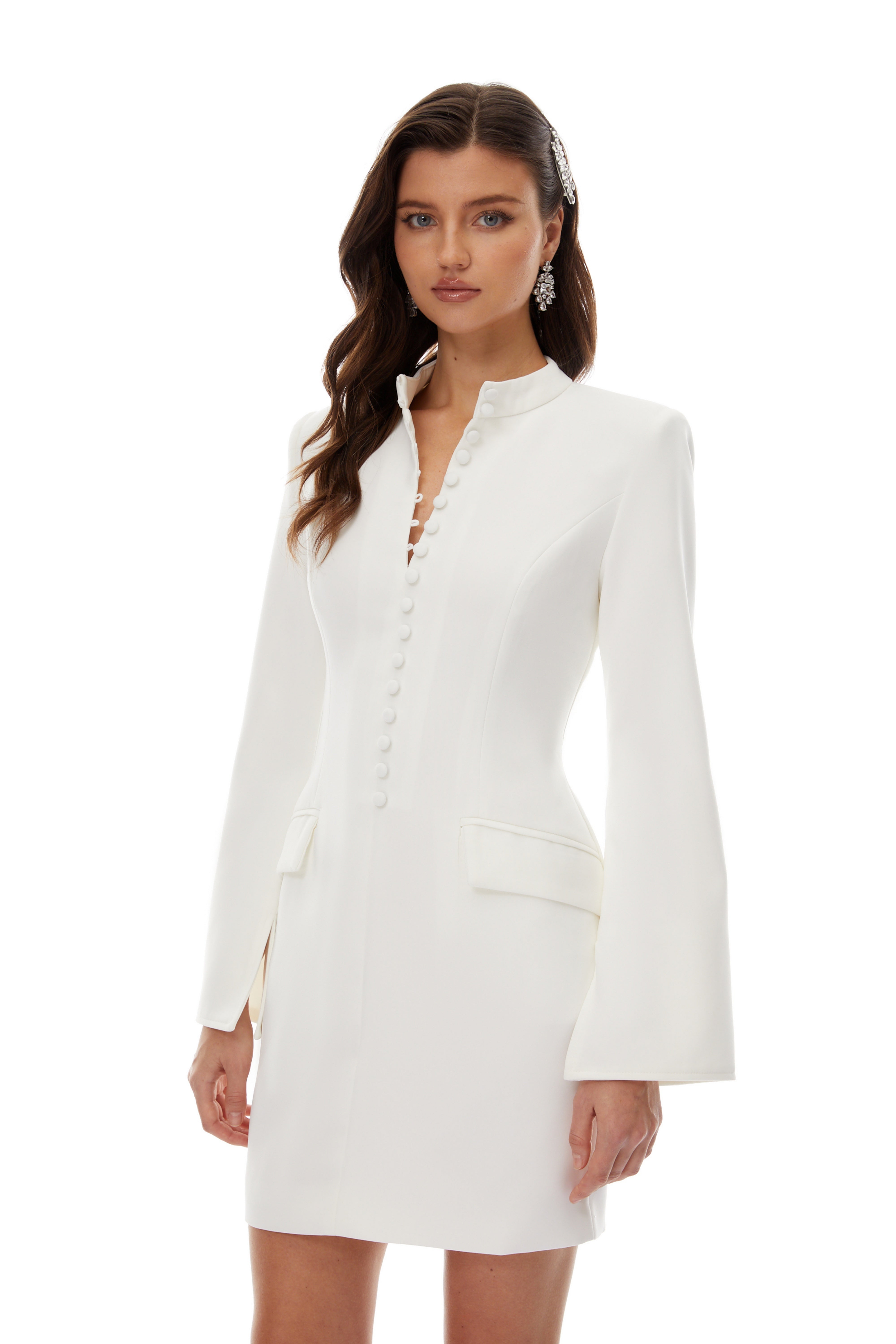 Valeria White Stand Collar Long Sleeves Mini Dress (Final Sale-US Only)