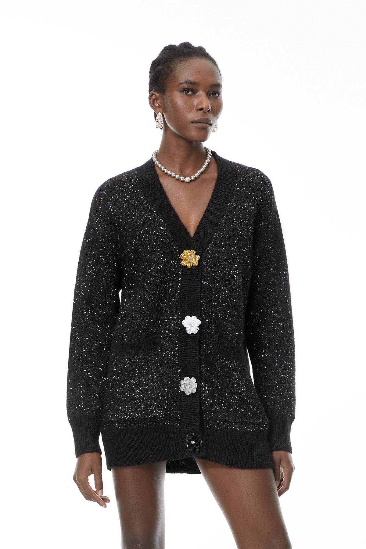 Valérie Black Knit Cardigan with Floral Buttons