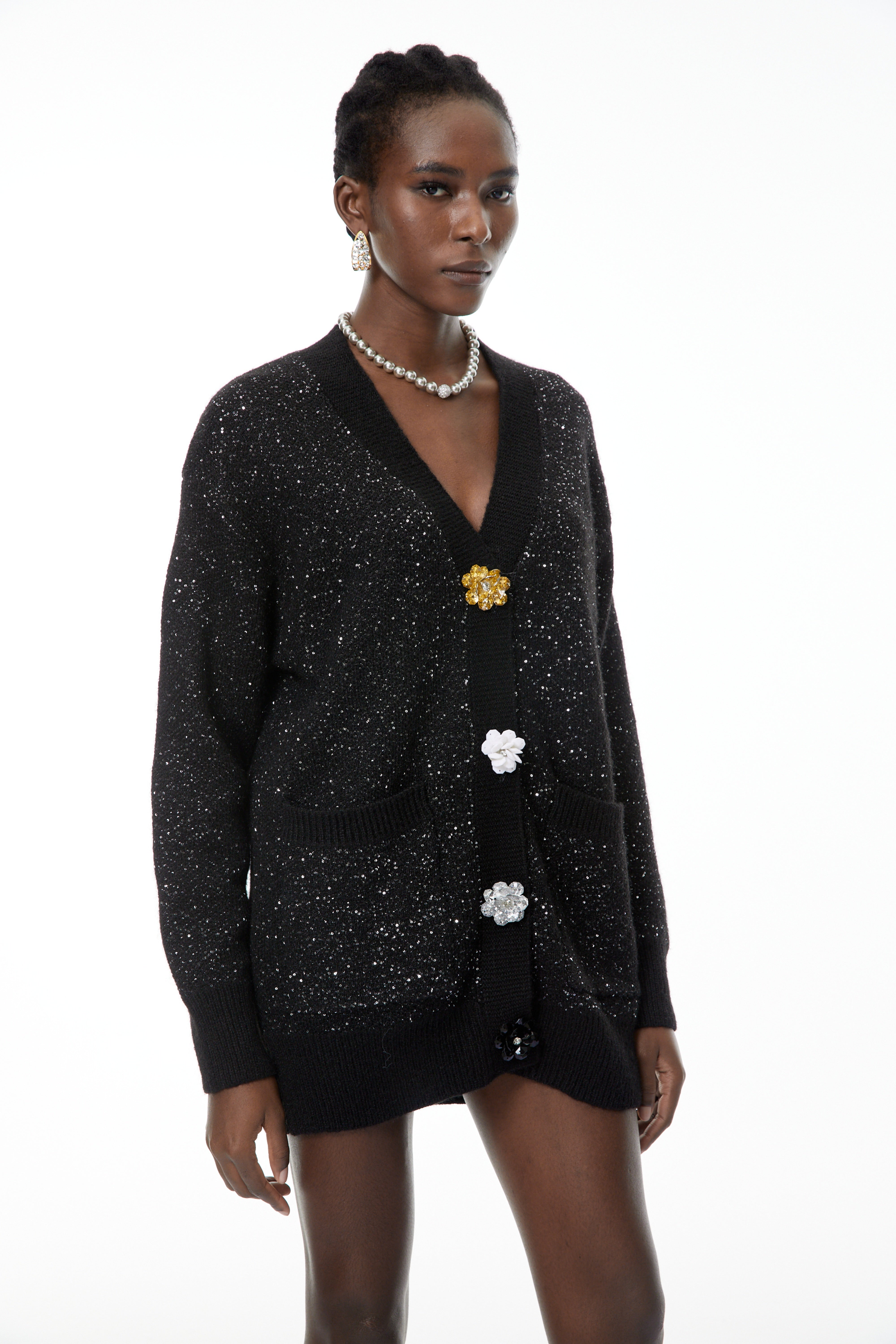 Valérie Black Knit Cardigan with Floral Buttons