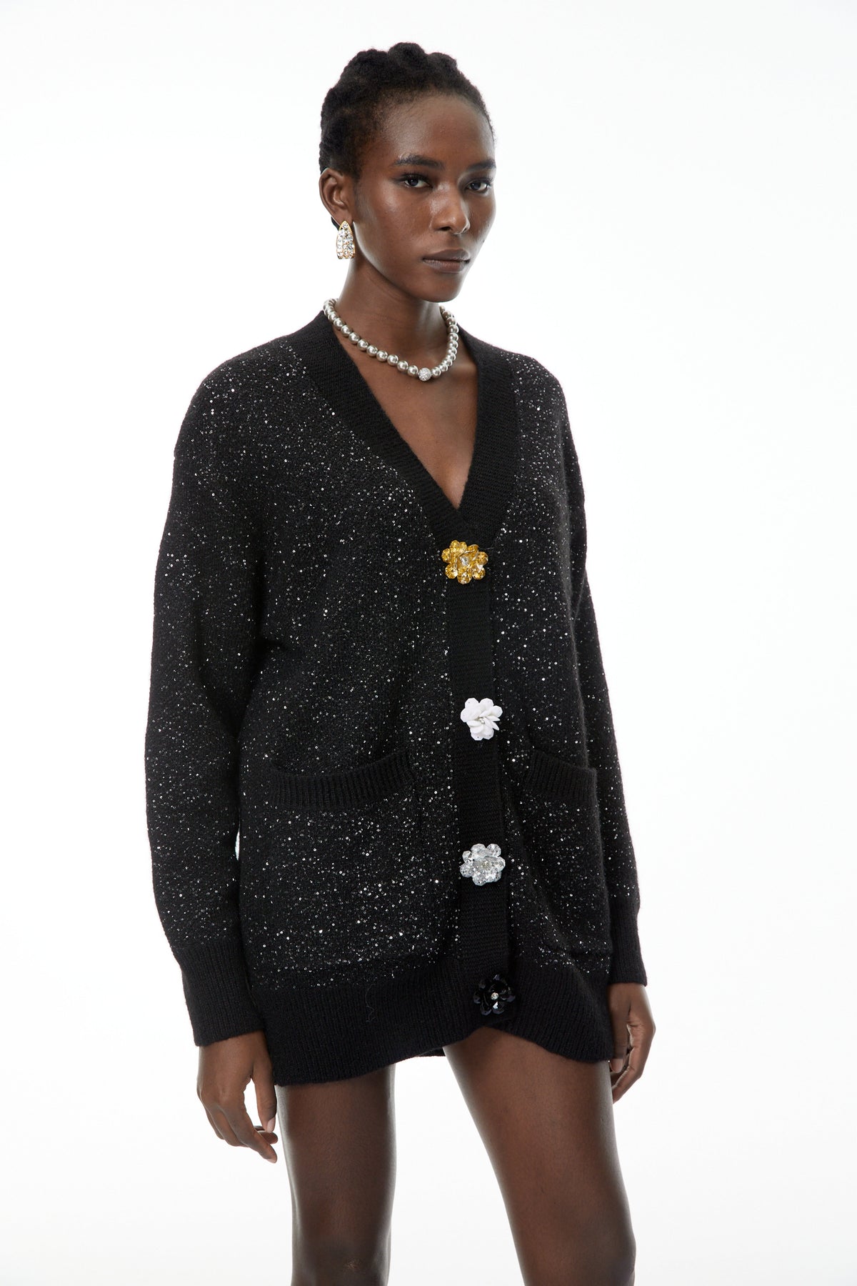 Valérie Black Knit Cardigan with Floral Buttons