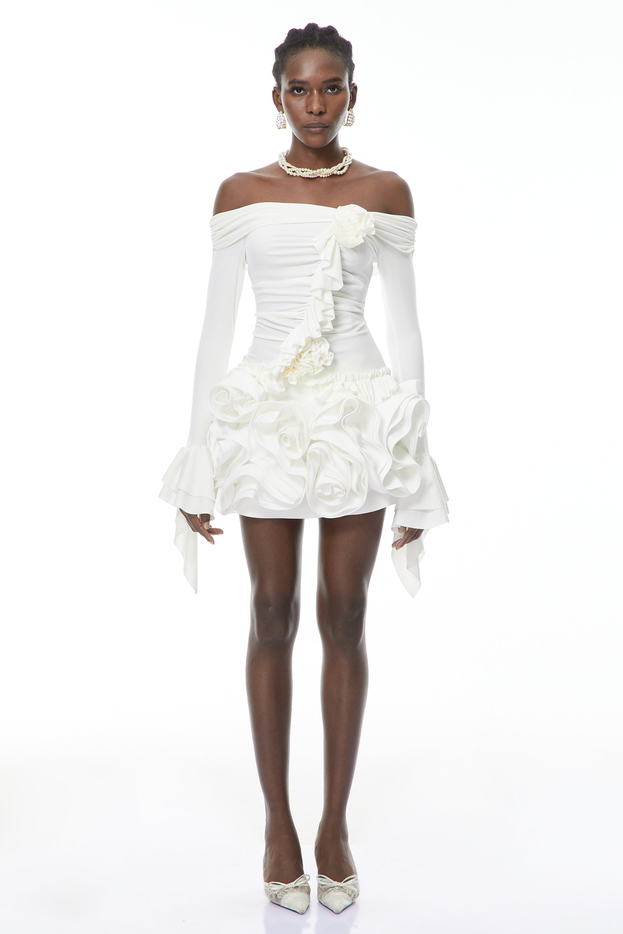 Vanessa White Blouse & Skirt Set with 3D Petals