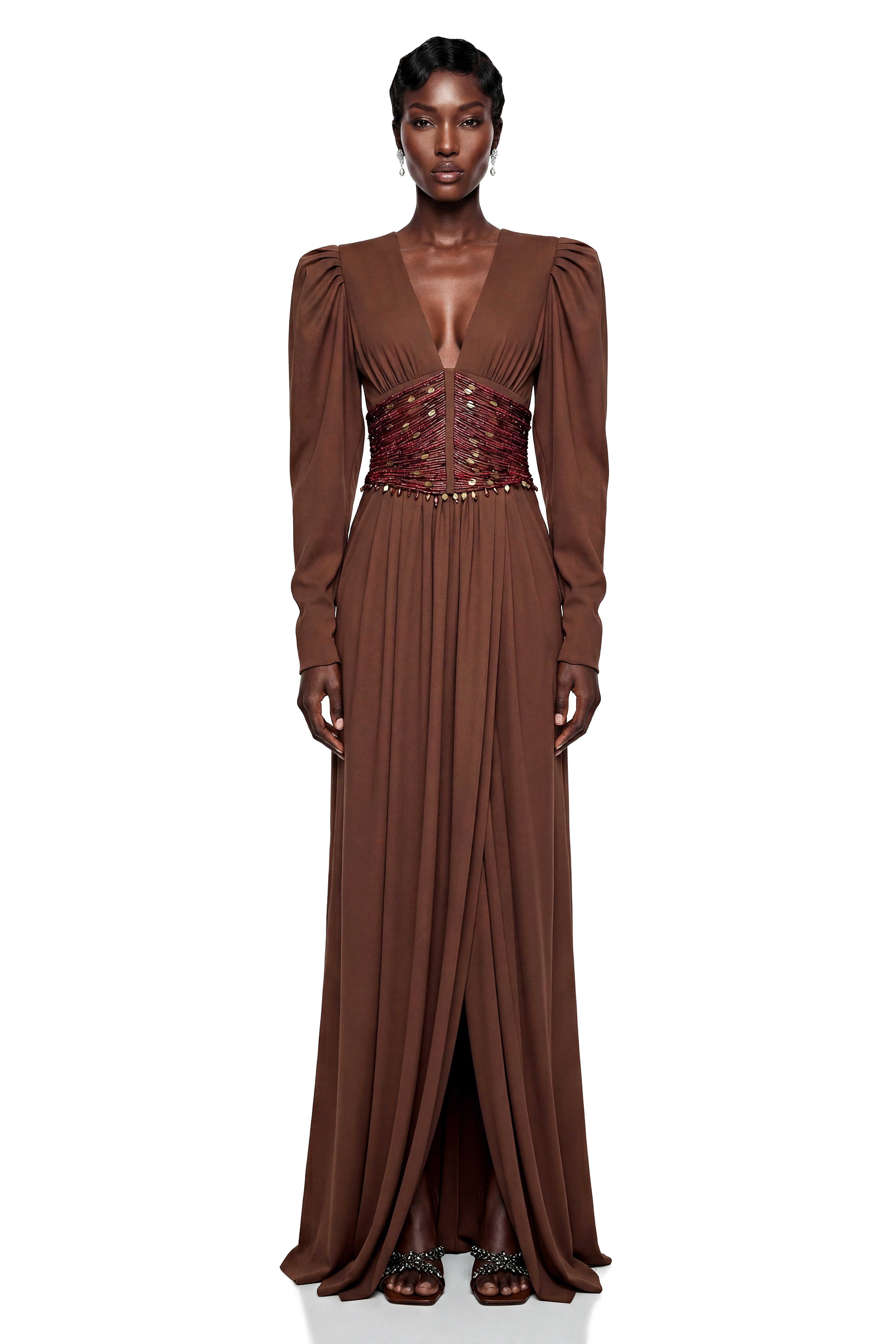 Vasilisa Brown Deep V-Neck Ruched Maxi Dress