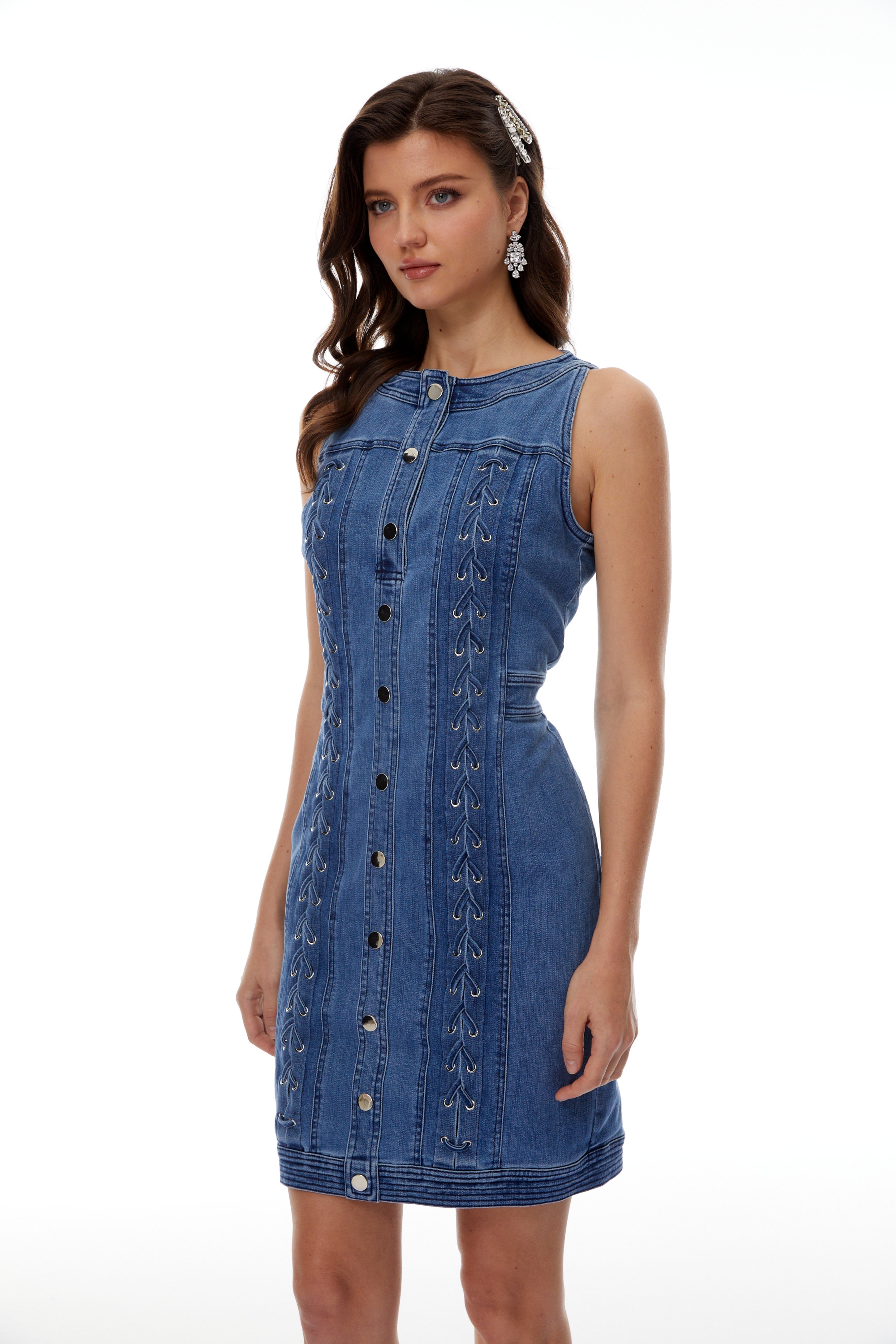 Veronika Blue Lace-Up Design Denim Mini Dress (Final Sale)