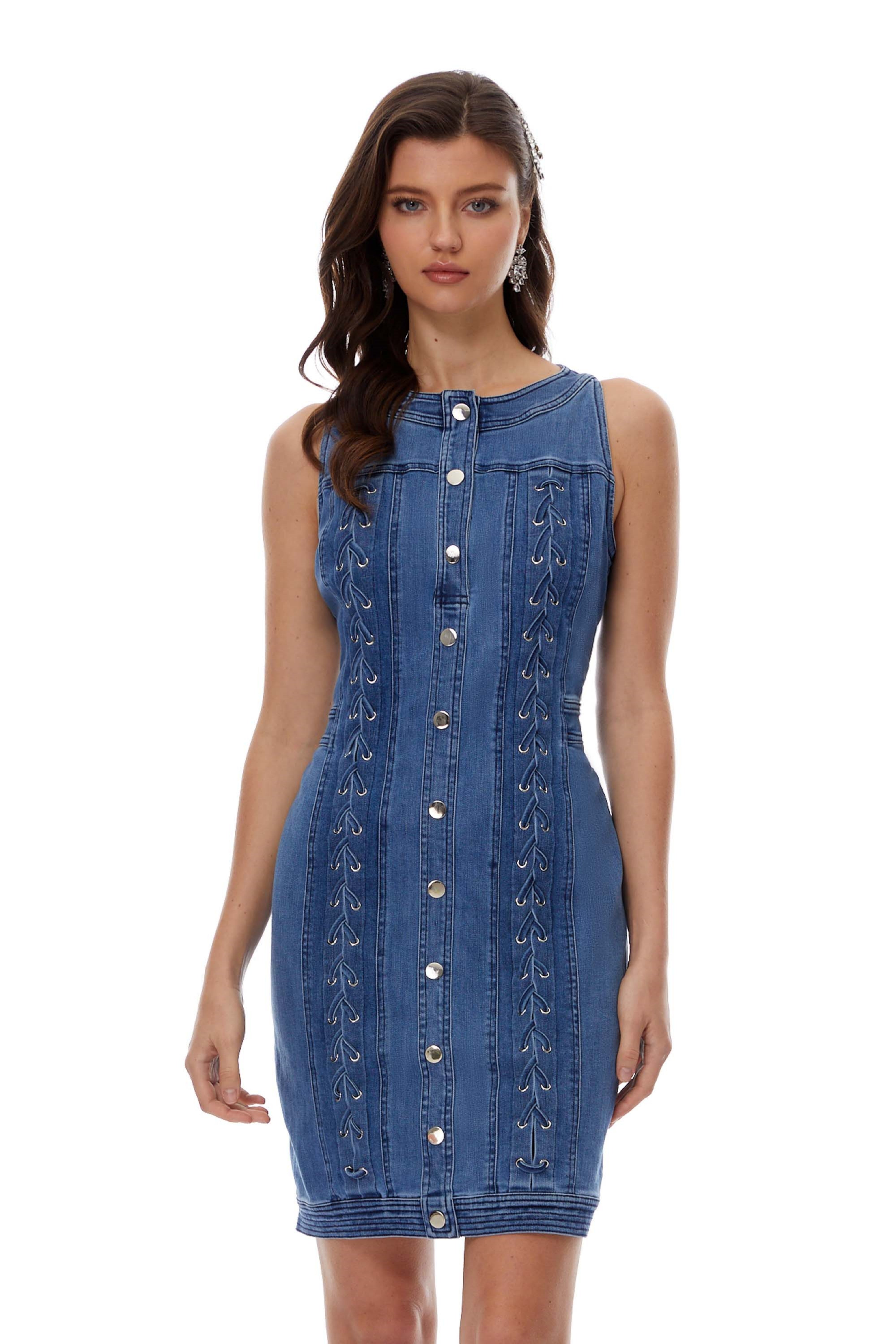 Veronika Blue Lace-Up Design Denim Mini Dress (Final Sale)