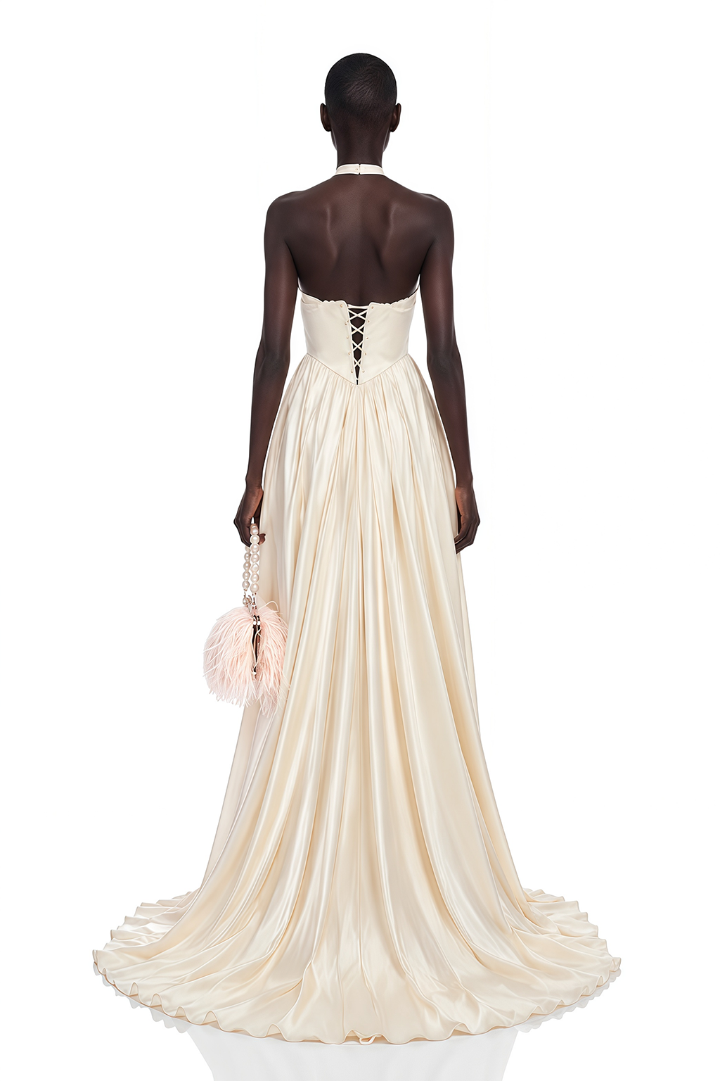 Veronique Champagne V-Neck Satin Maxi Dress with Train