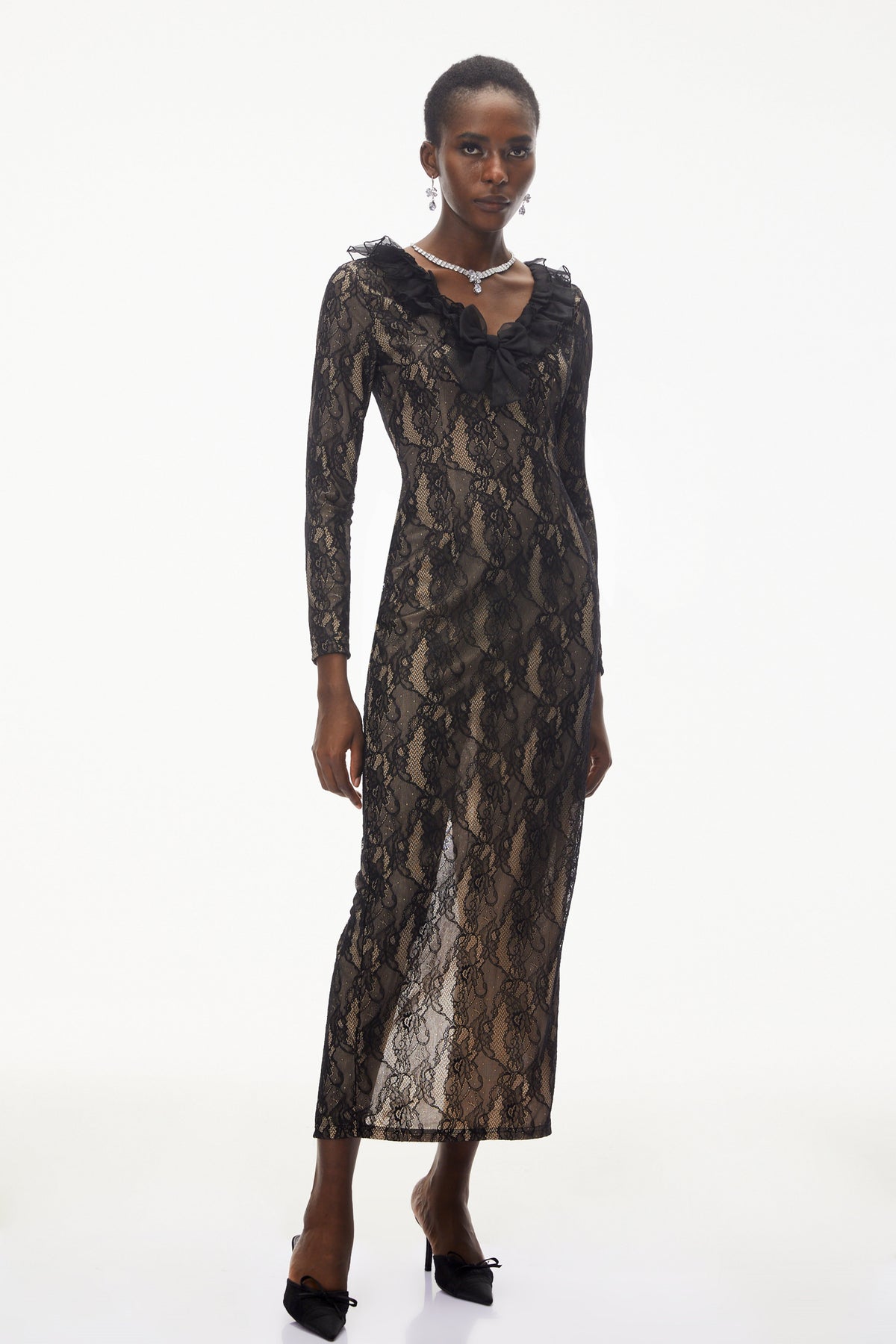 Vesna Black Ruffled Lace Midi Dress