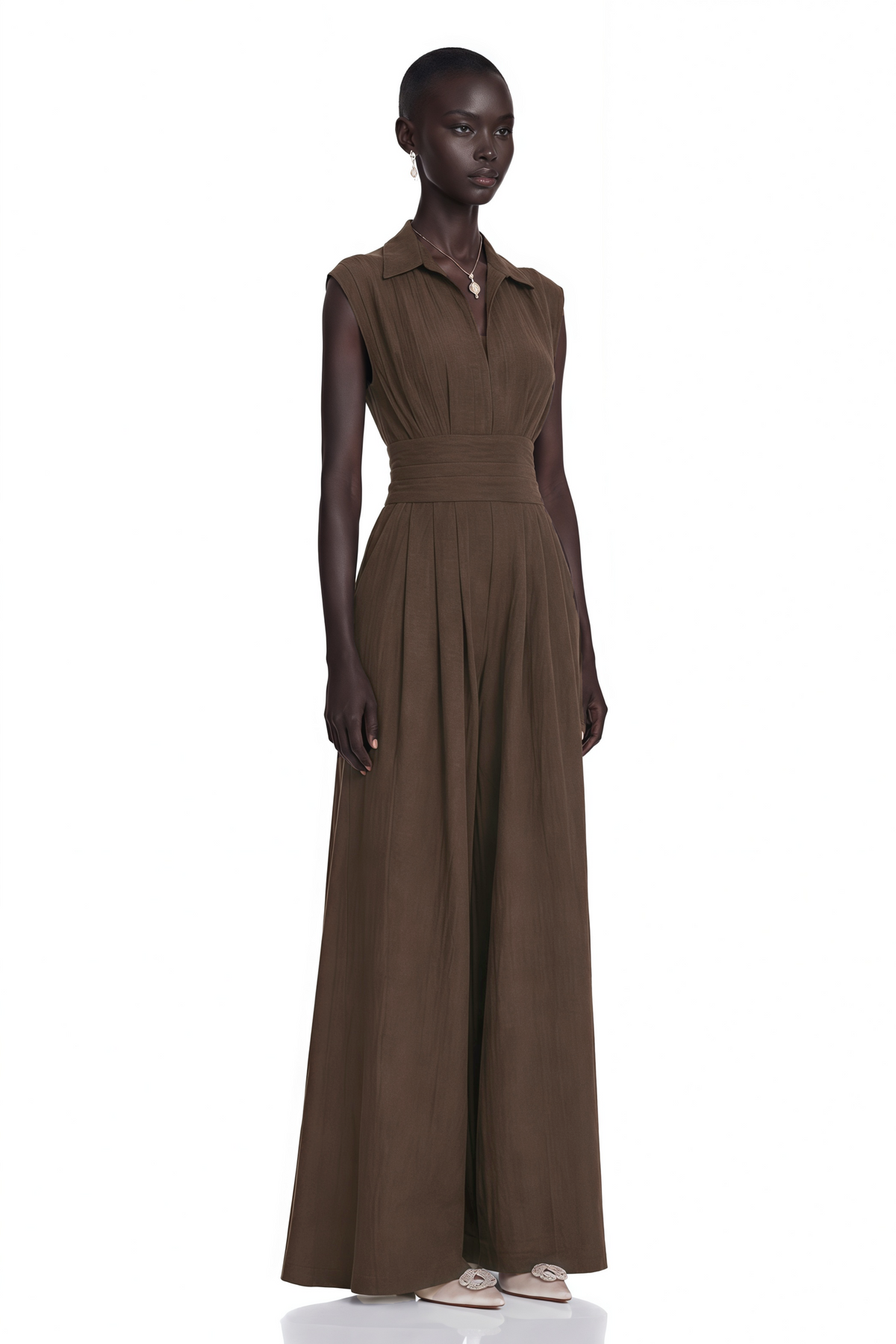 Victoire Chocolate Brown Plunge Neck Collared Jumpsuit