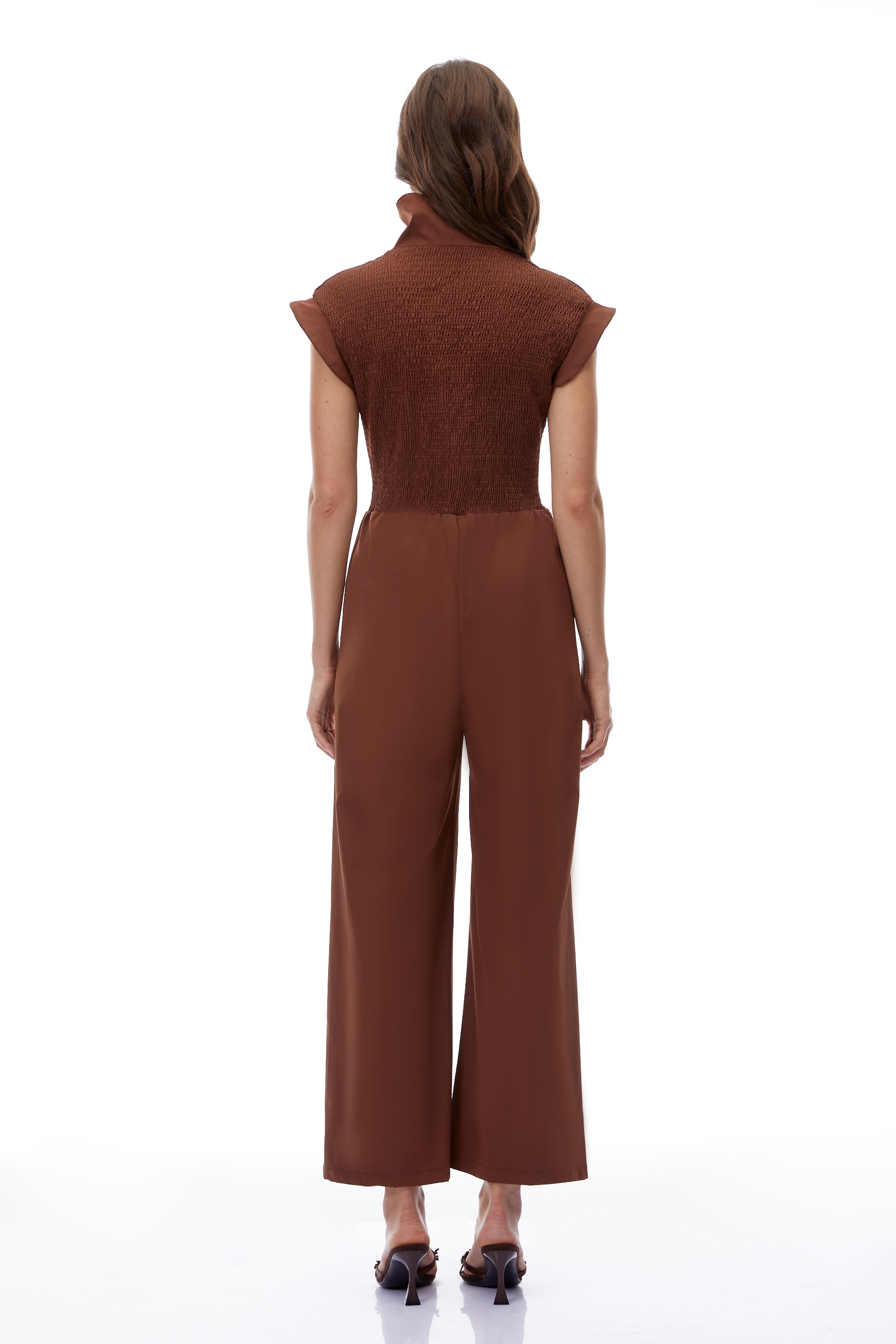 Victoire Chocolate Brown Plunge Neck Collared Jumpsuit