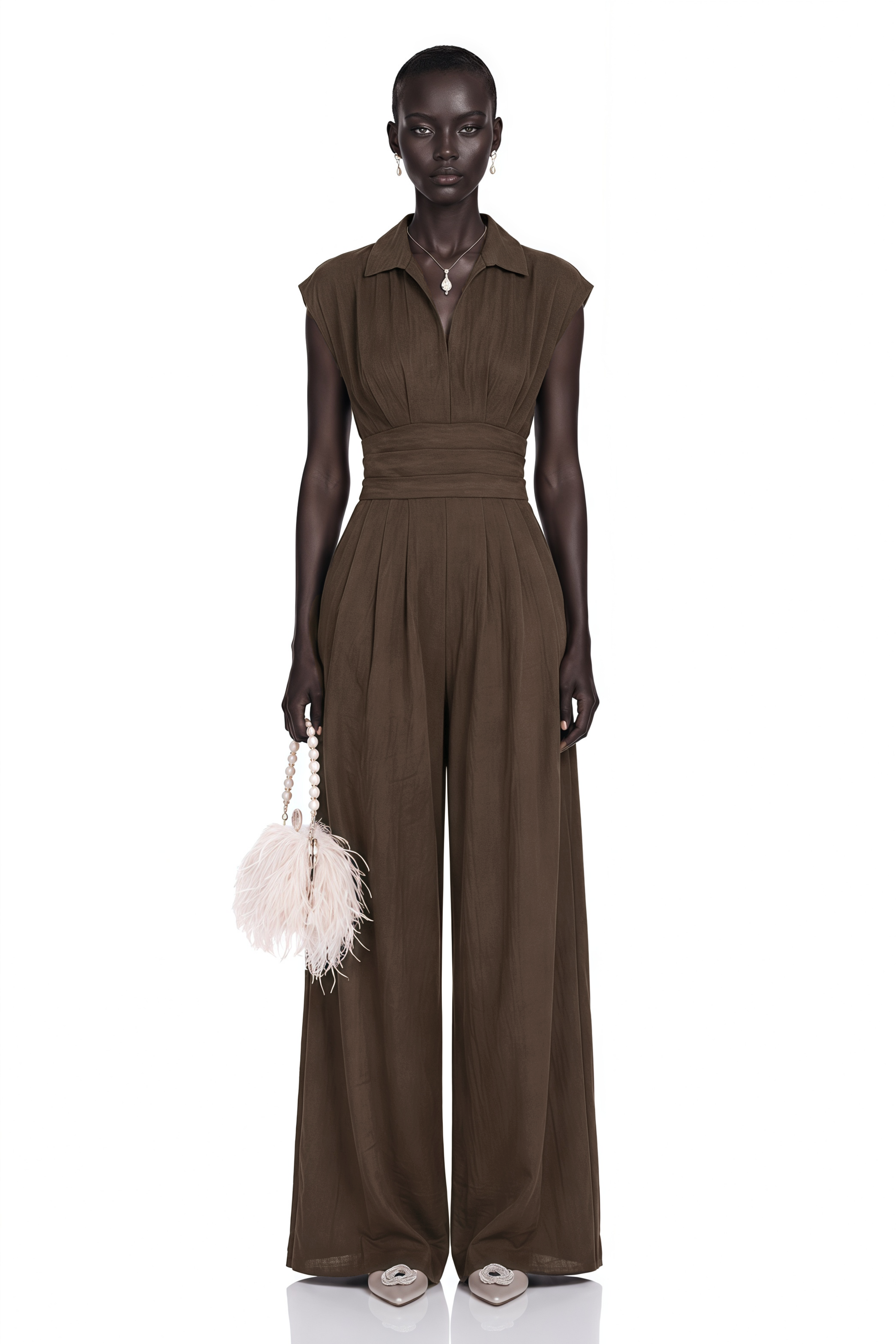Victoire Chocolate Brown Plunge Neck Collared Jumpsuit