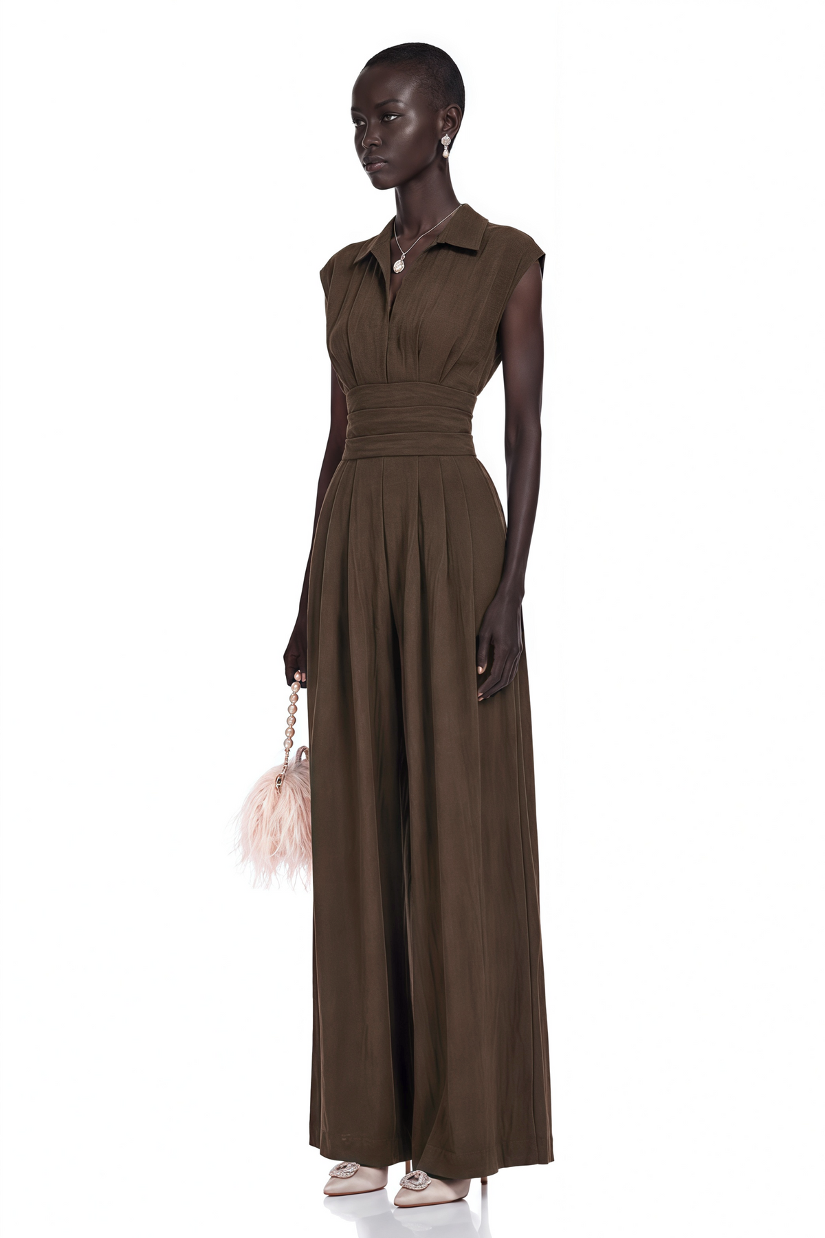 Victoire Chocolate Brown Plunge Neck Collared Jumpsuit