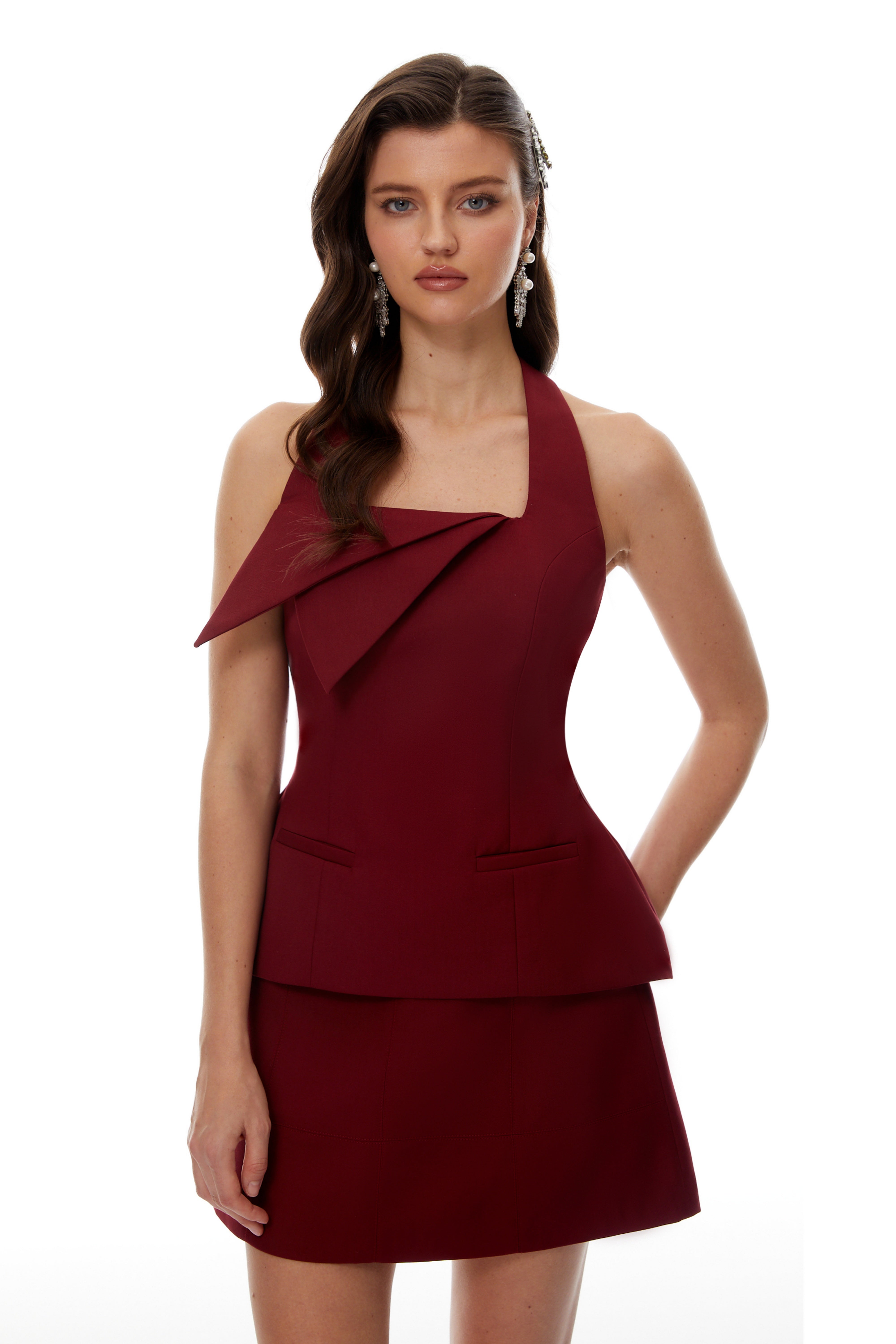 Victoria Burgundy Halterneck Top & Skirt Set