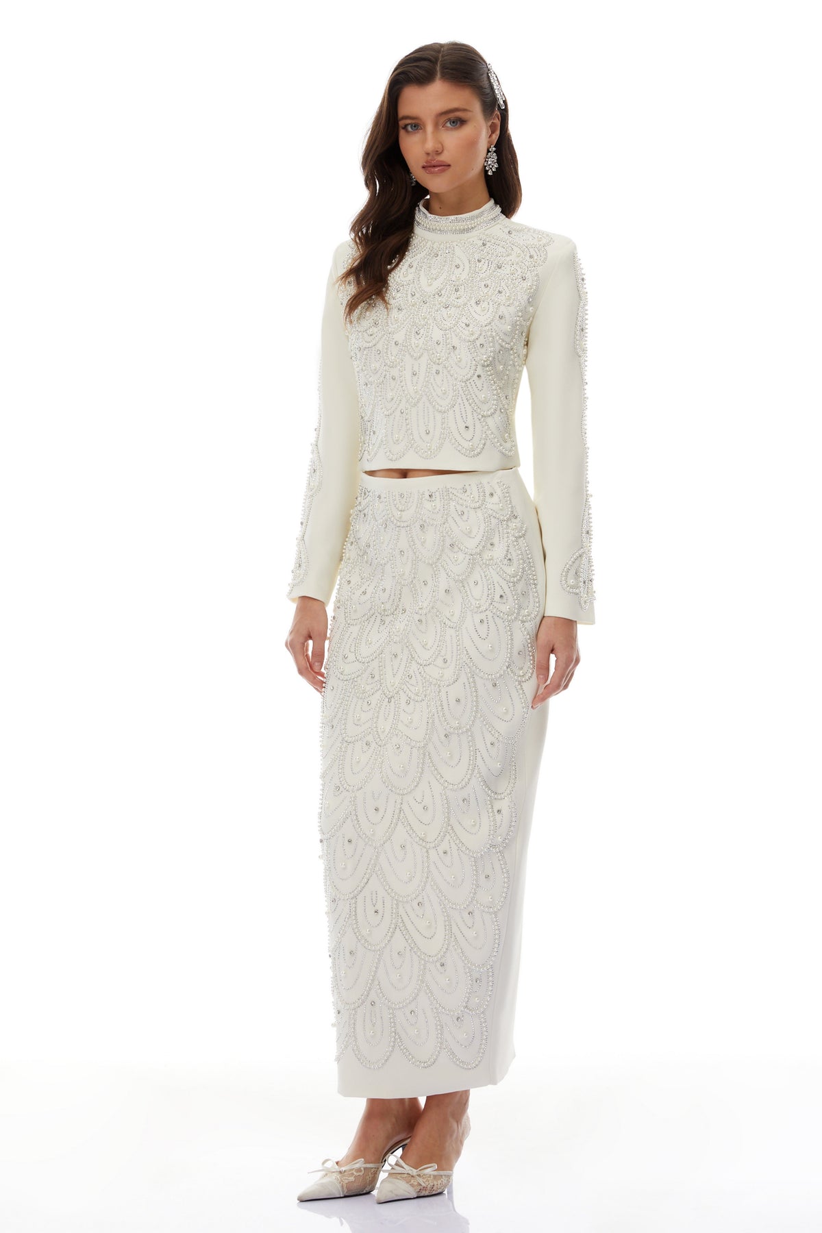 Vigdís White Bead Embellished Blouse & Skirt Set